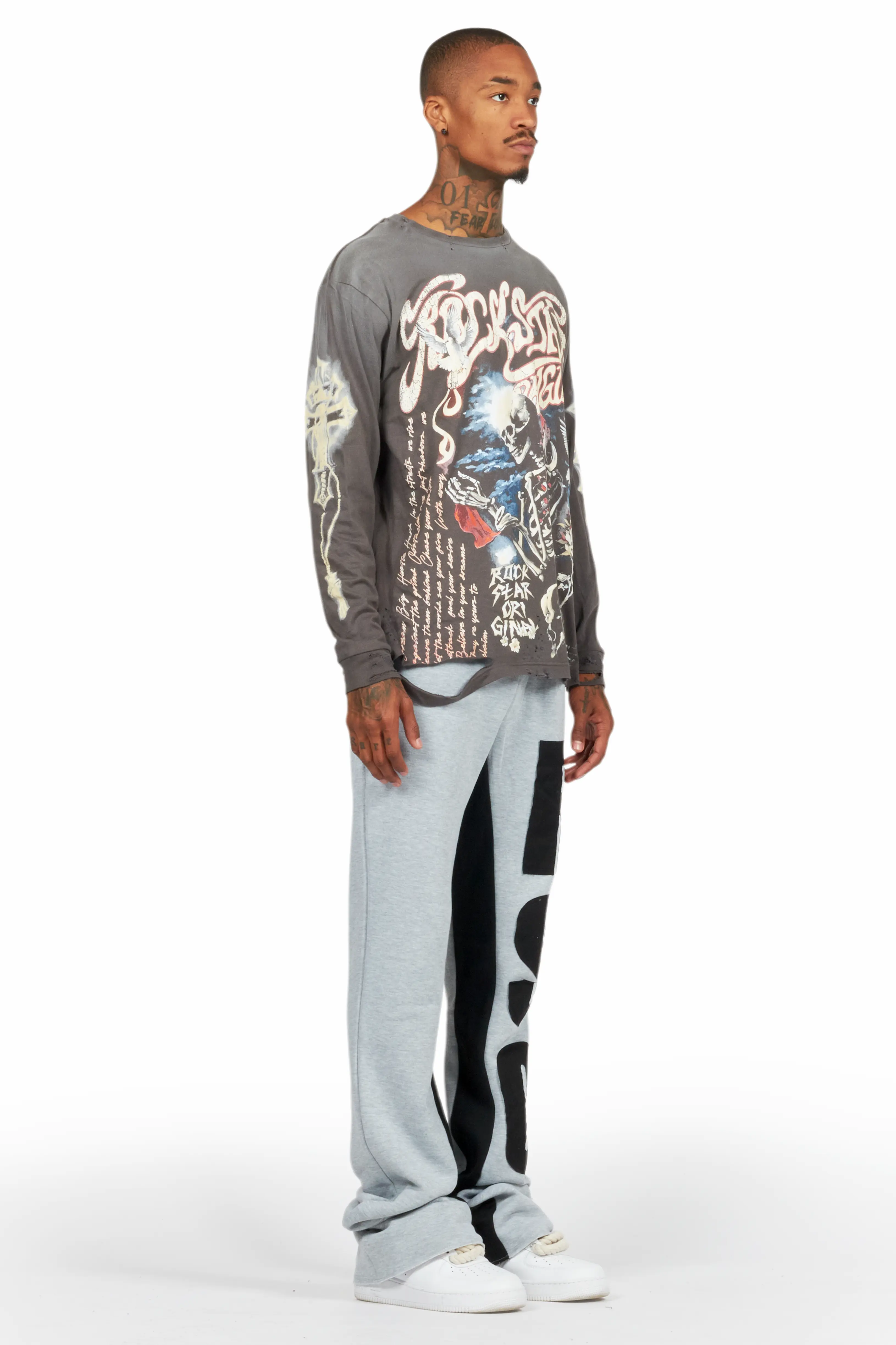 Uko Heather Grey Stacked Baggy Track Pant - Image 4