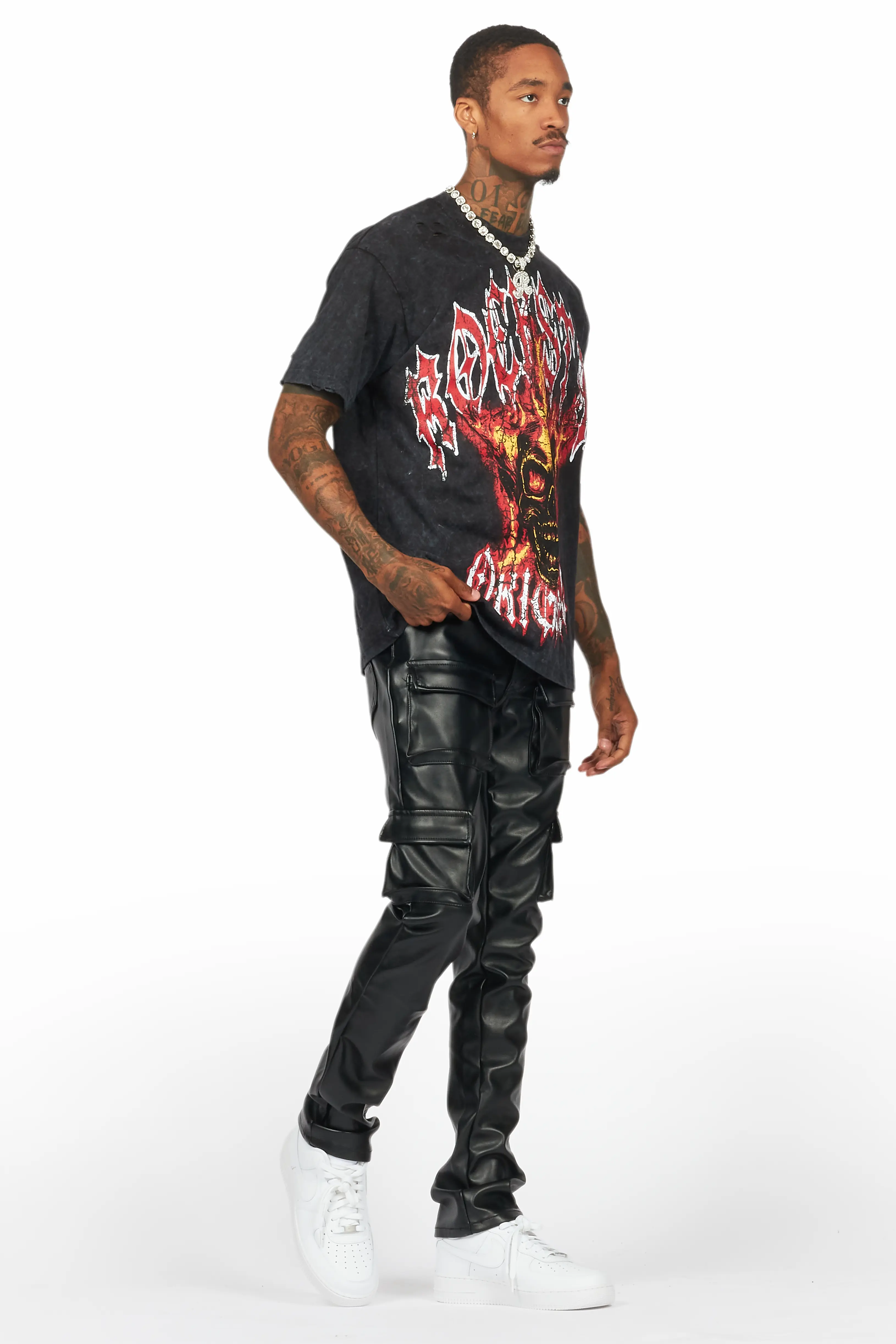 Kap Black Stacked Flare Faux Leather Jean - Image 7
