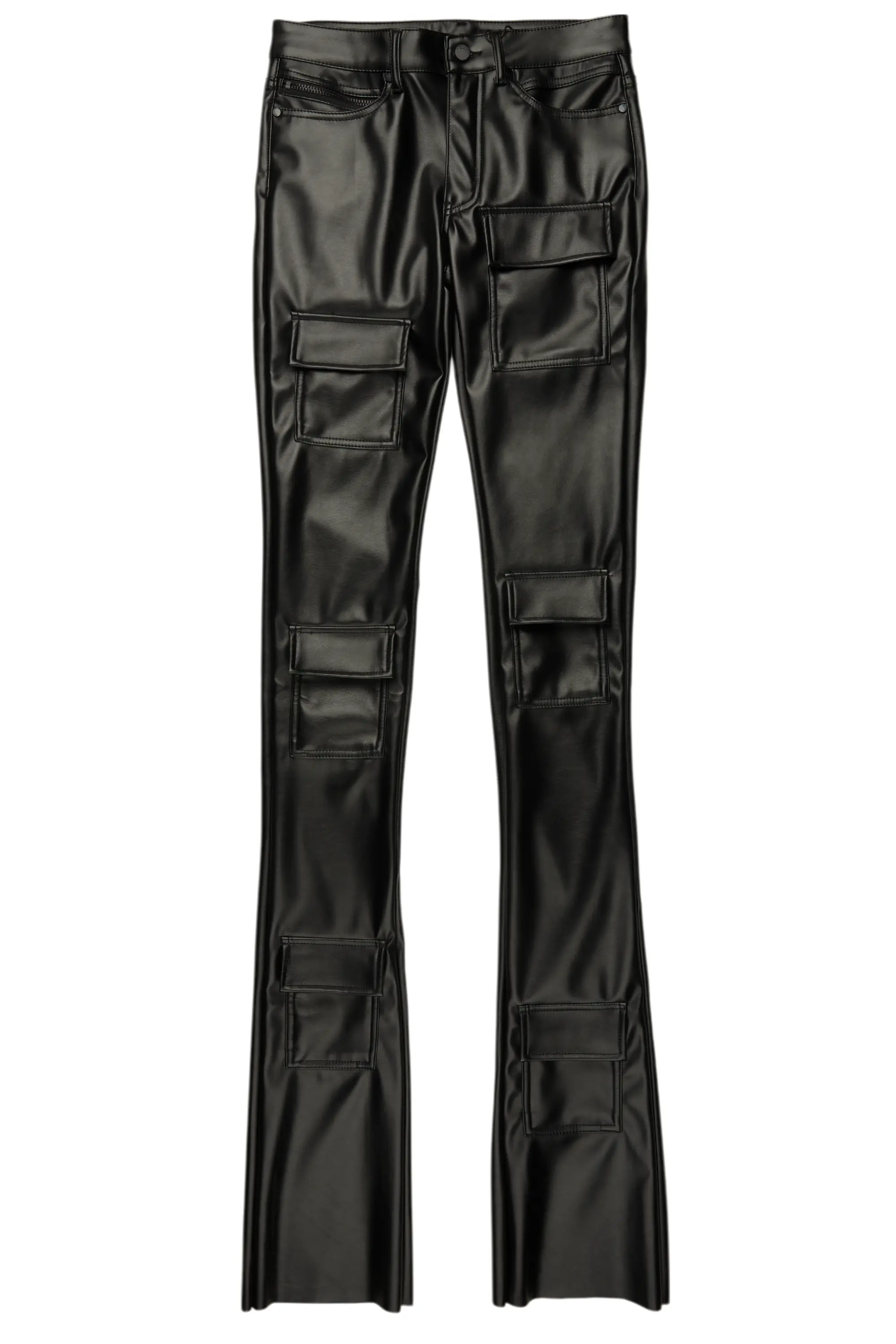Petrus Black PU Stacked Flare Leather Jean - Image 2