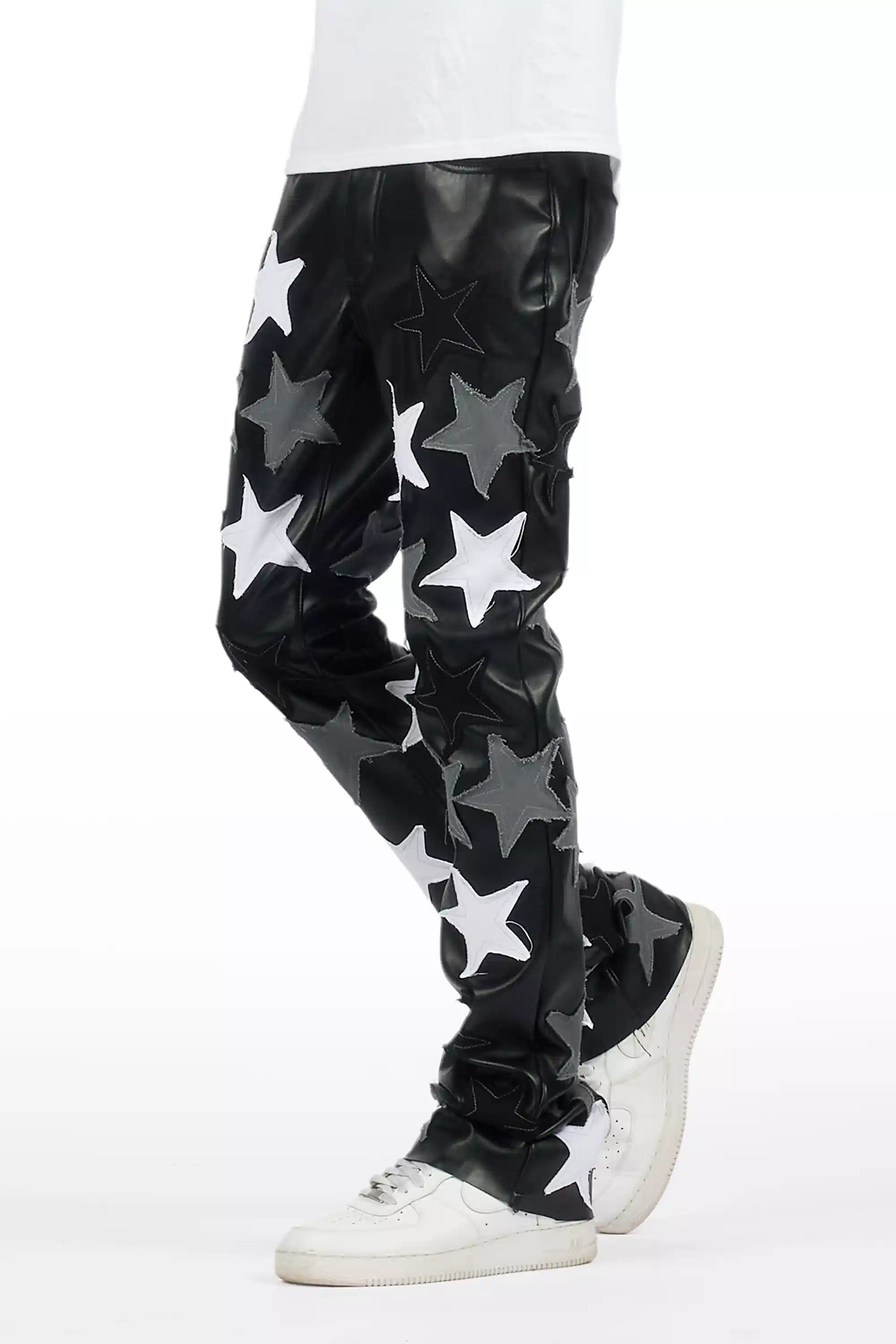 Starlane Black Stacked Flare PU Pants
