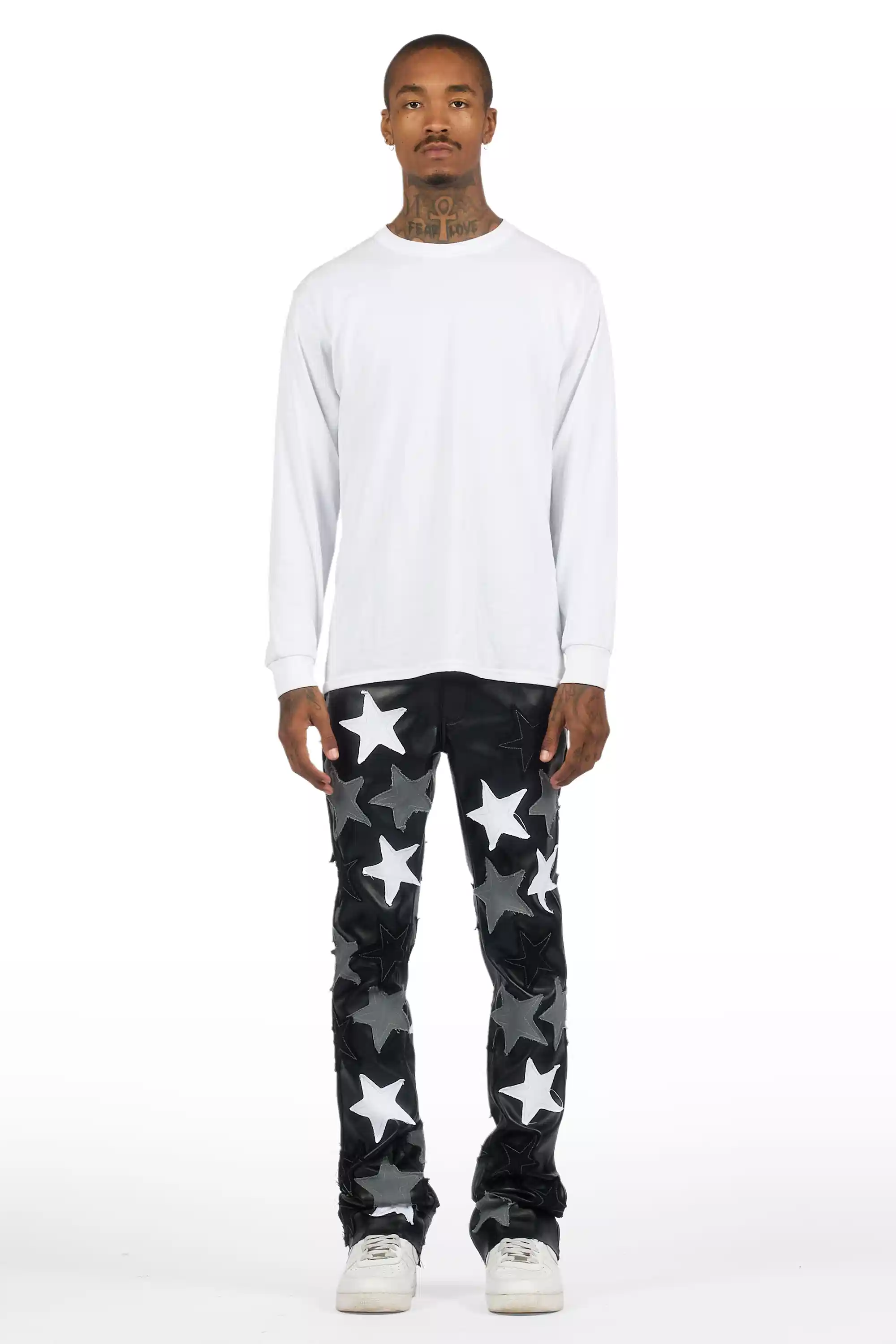 Starlane Black Stacked Flare PU Pants - Image 3