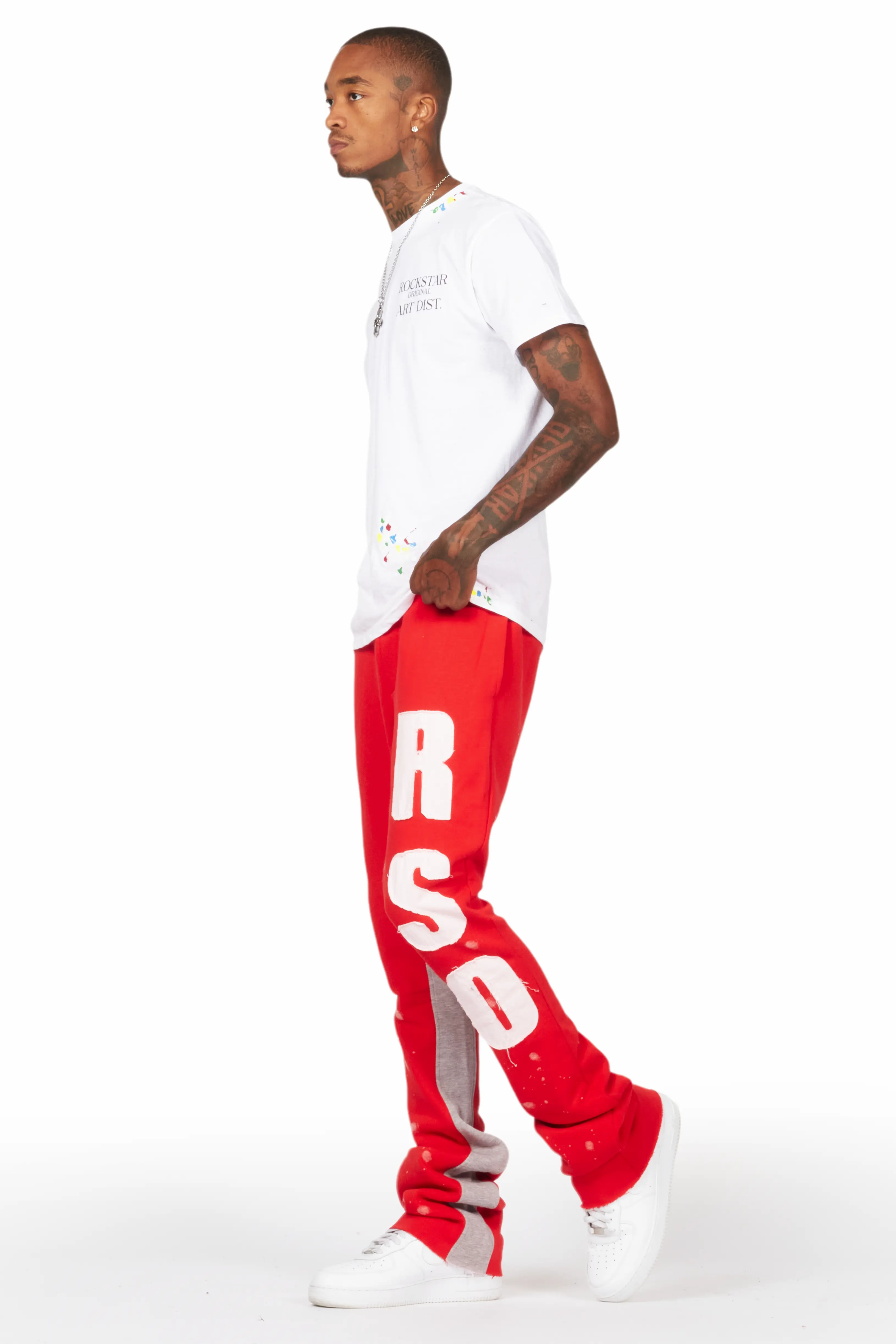 Uko Red Patchwork Stacked Flare Track Pant - Image 6