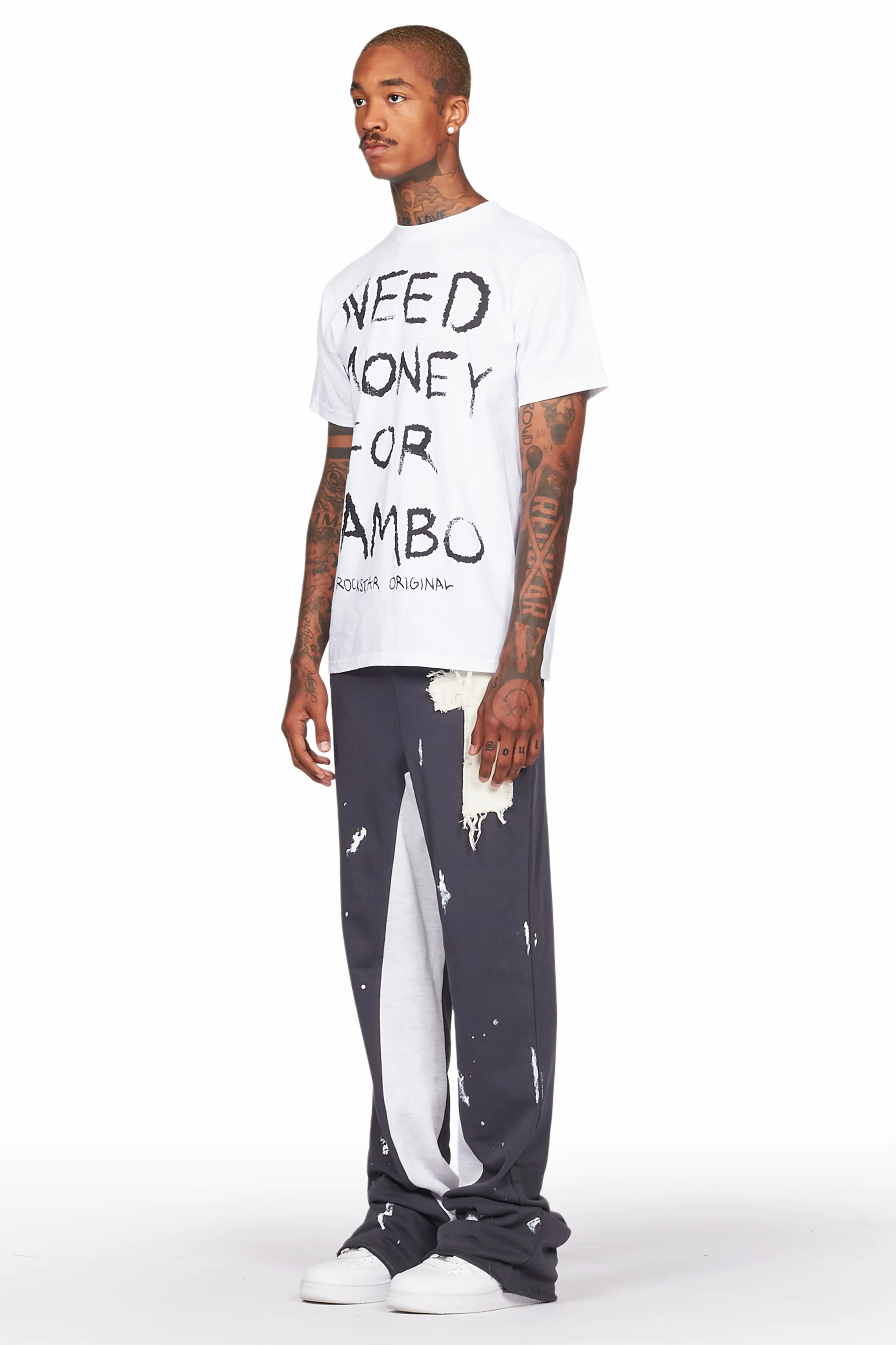 Baback Charcoal Patchwork Stacked Baggy Flare Pants - Image 6