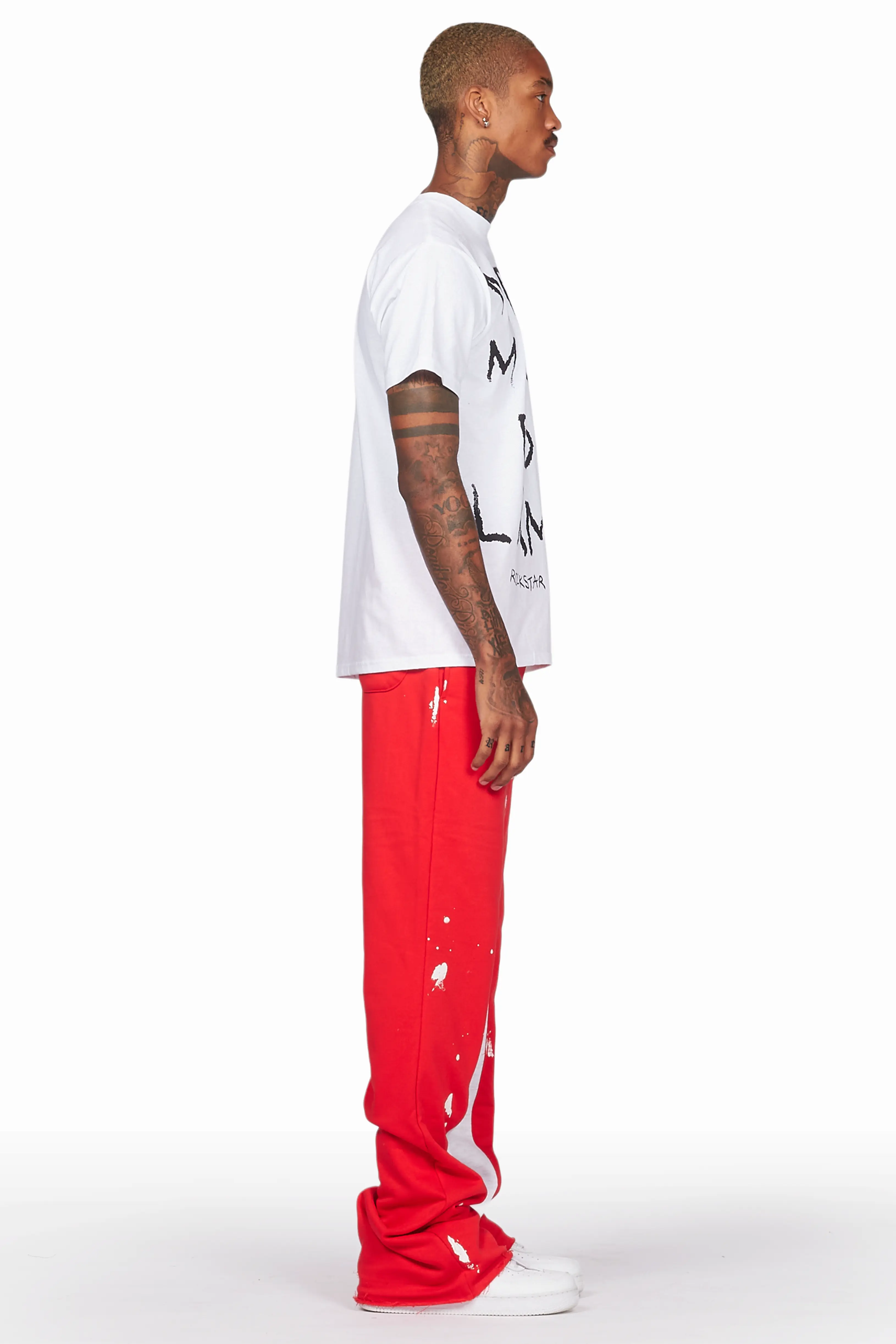 Baback Red Patchwork Stacked Baggy Flare Pants - Image 5