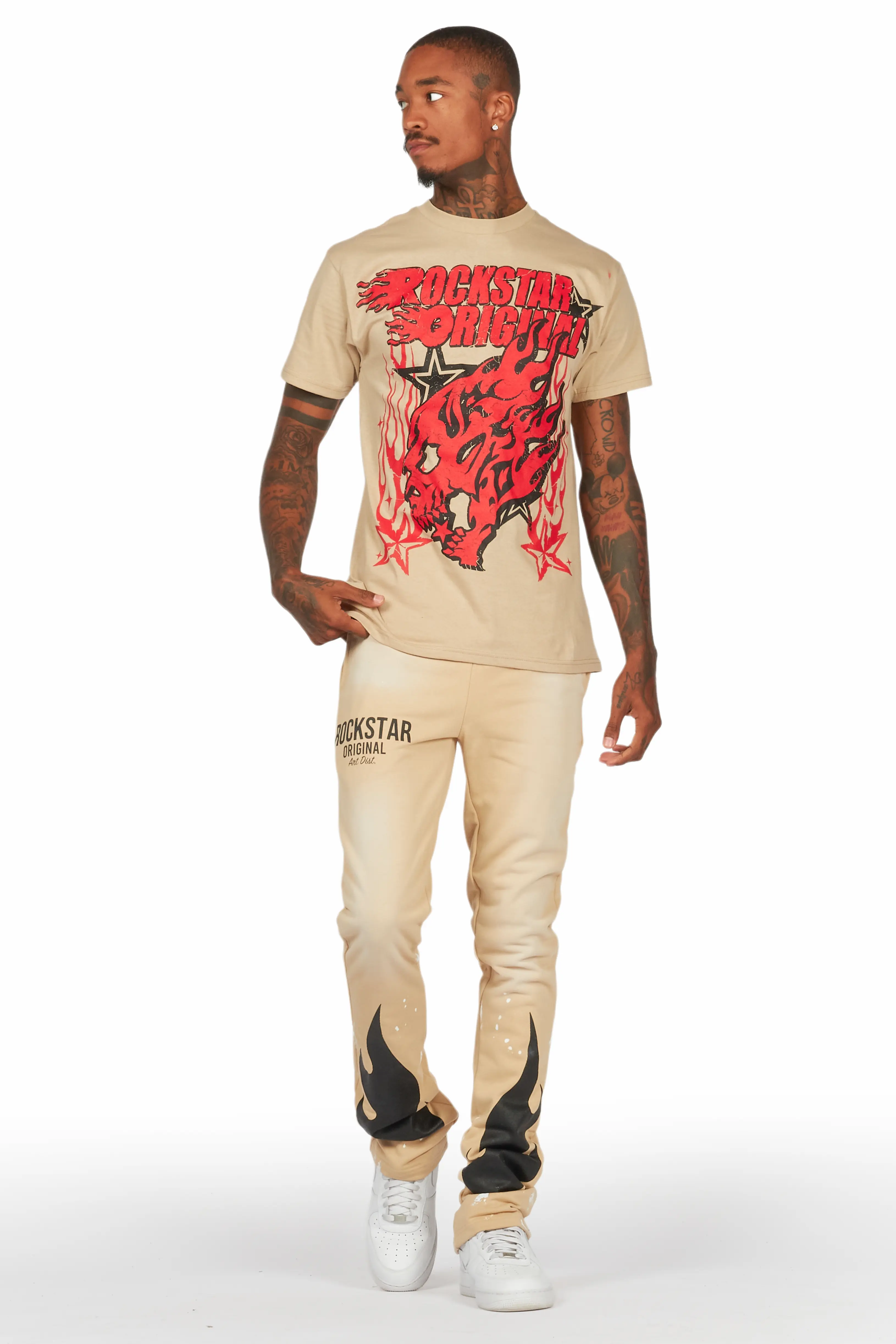 Damani Beige Patchwork Stacked Flare Pants - Image 3