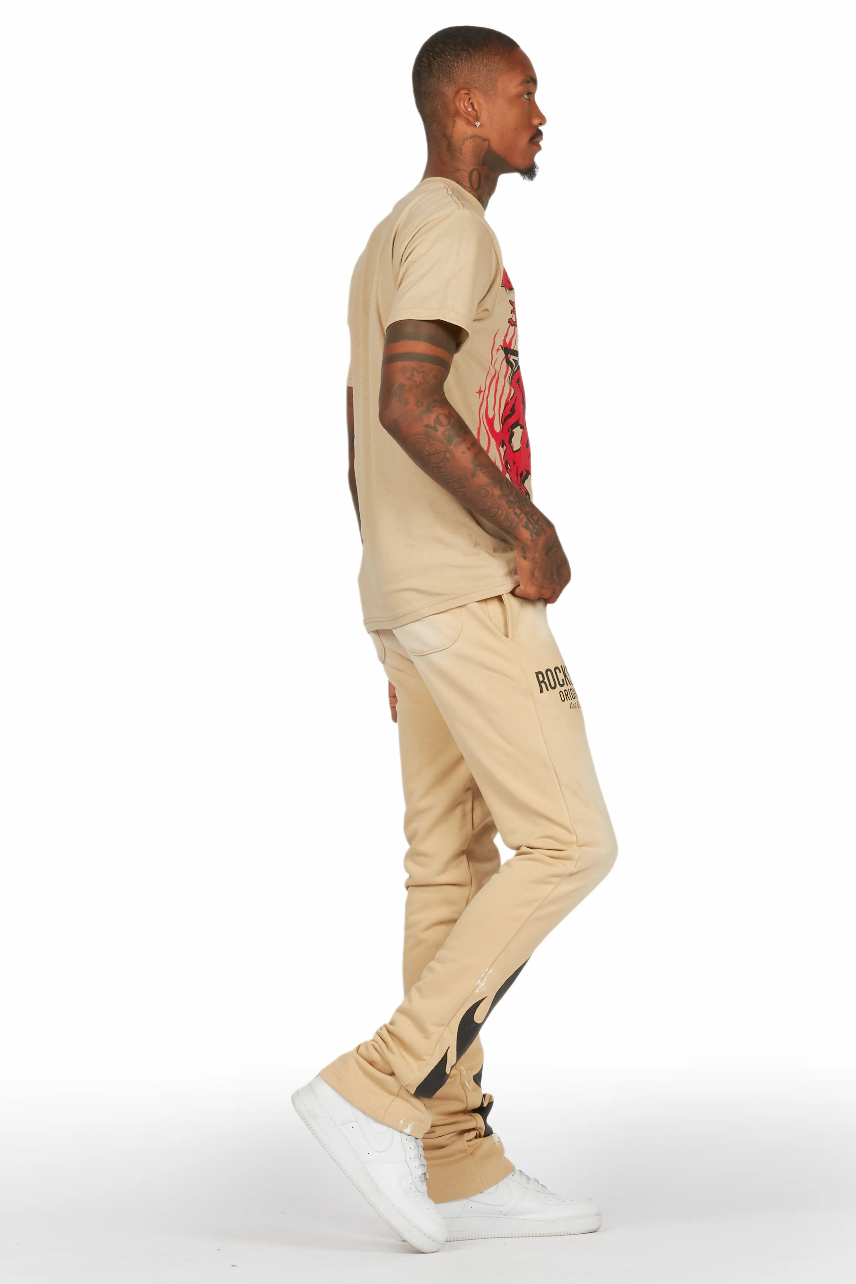 Damani Beige Patchwork Stacked Flare Pants - Image 4