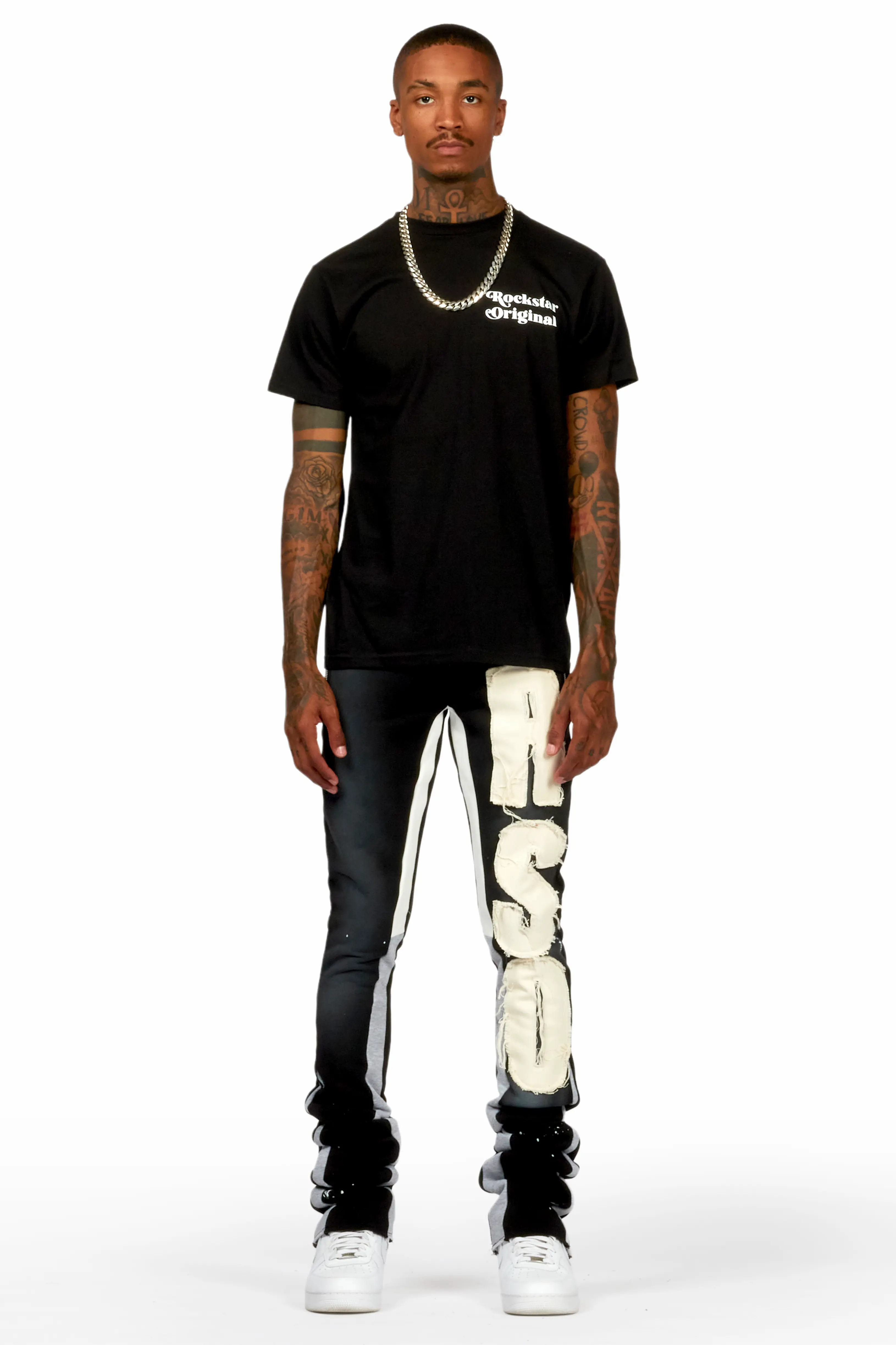 Acotas Black/Beige Patchwork Super Stacked Flare Pants - Image 2