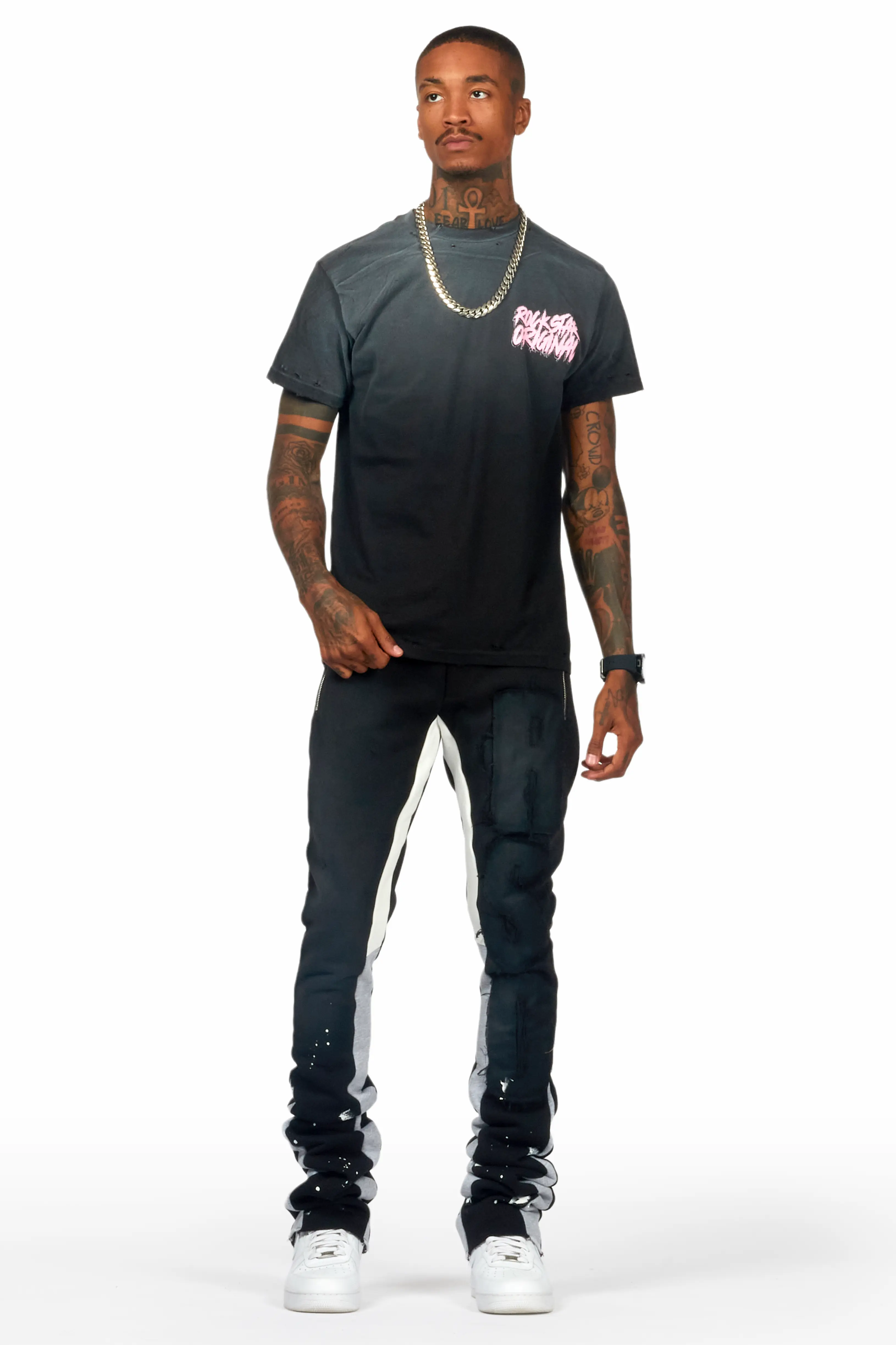 Acotas Black/Black Patchwork Super Stacked Flare Pants - Image 3