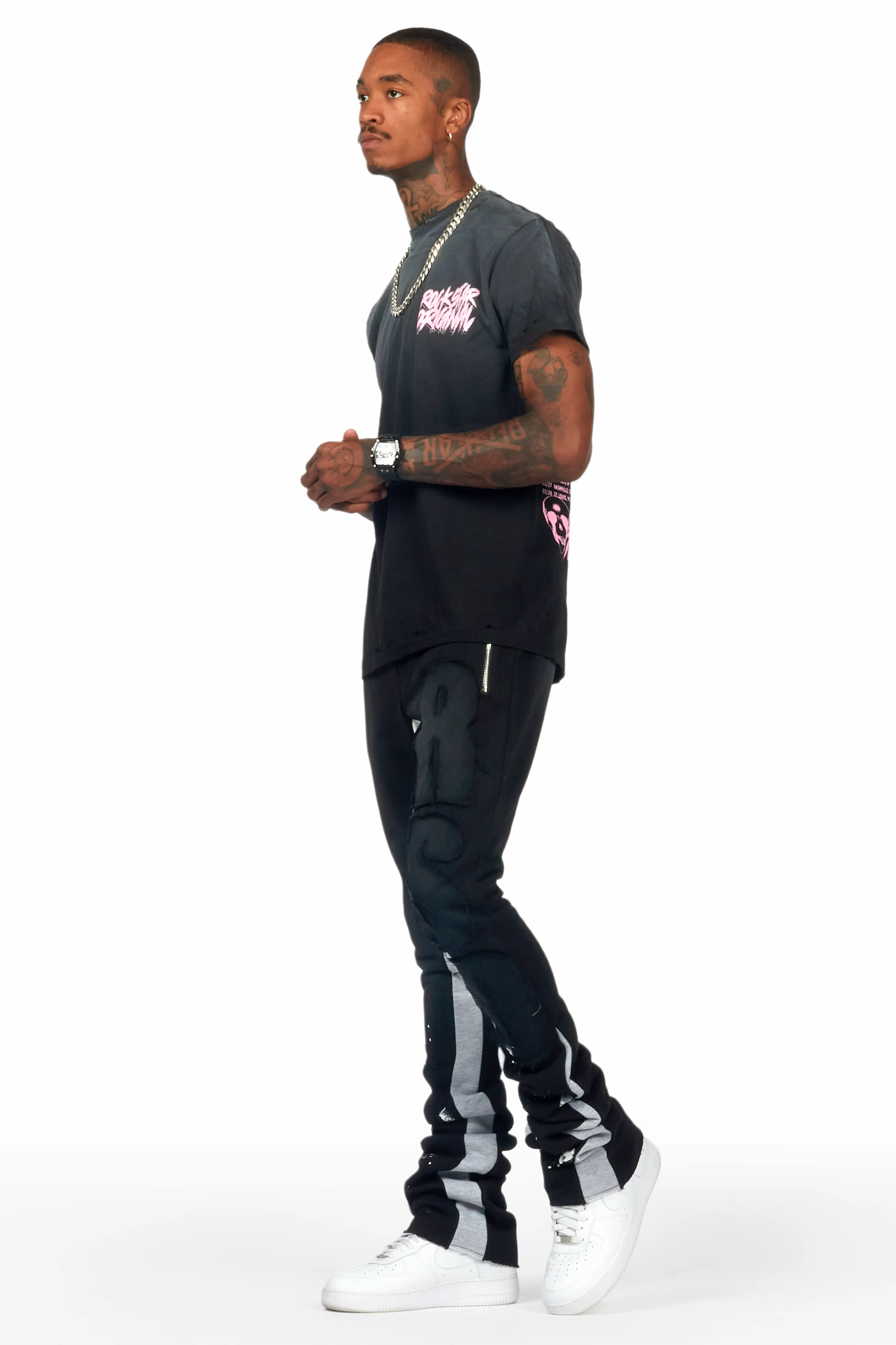 Acotas Black/Black Patchwork Super Stacked Flare Pants - Image 4