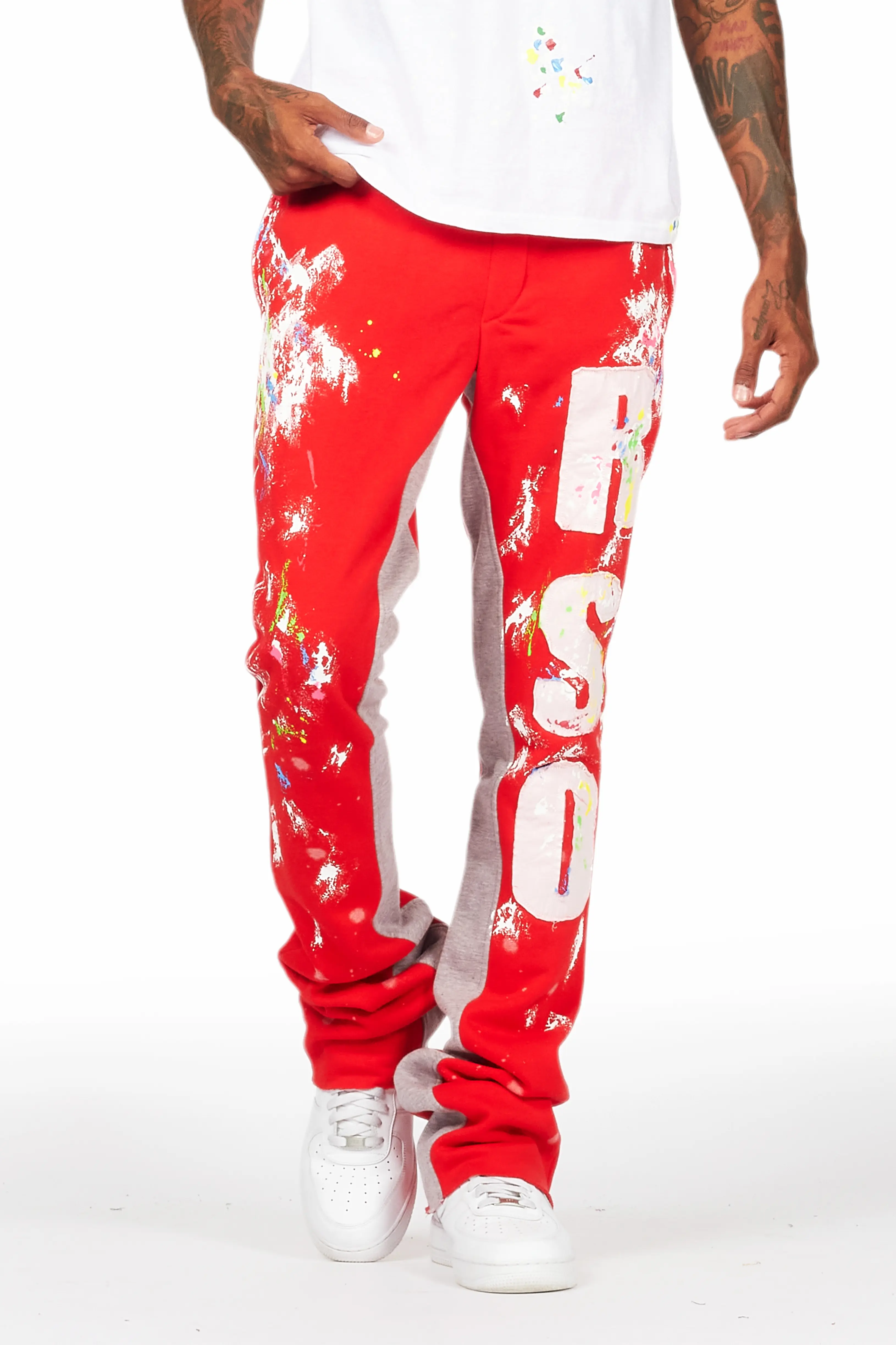 Washi Red Patchwork Stacked Flare Track Pant