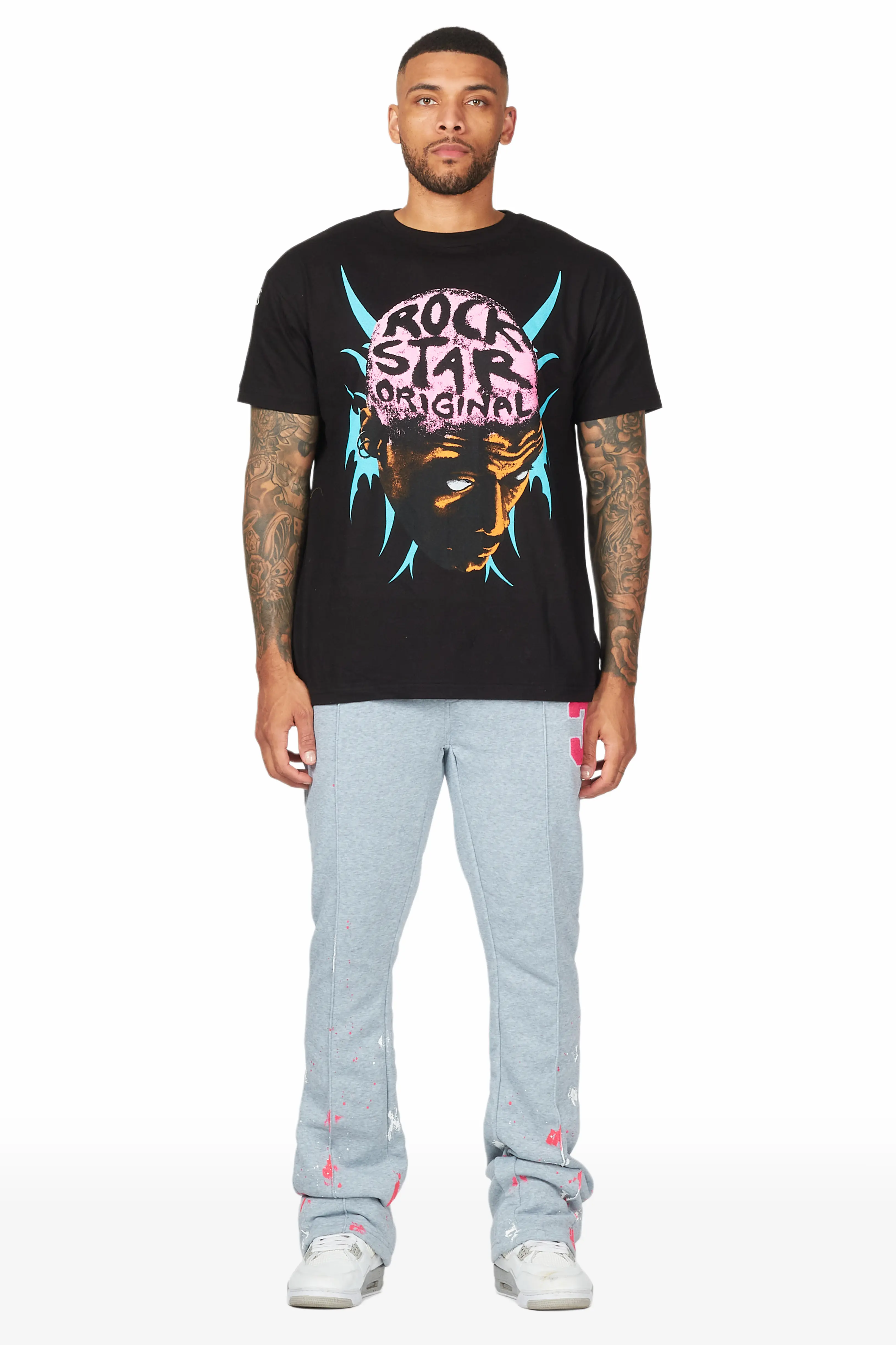Luis Heather Grey Patchwork Stacked Flare Pants - Image 3