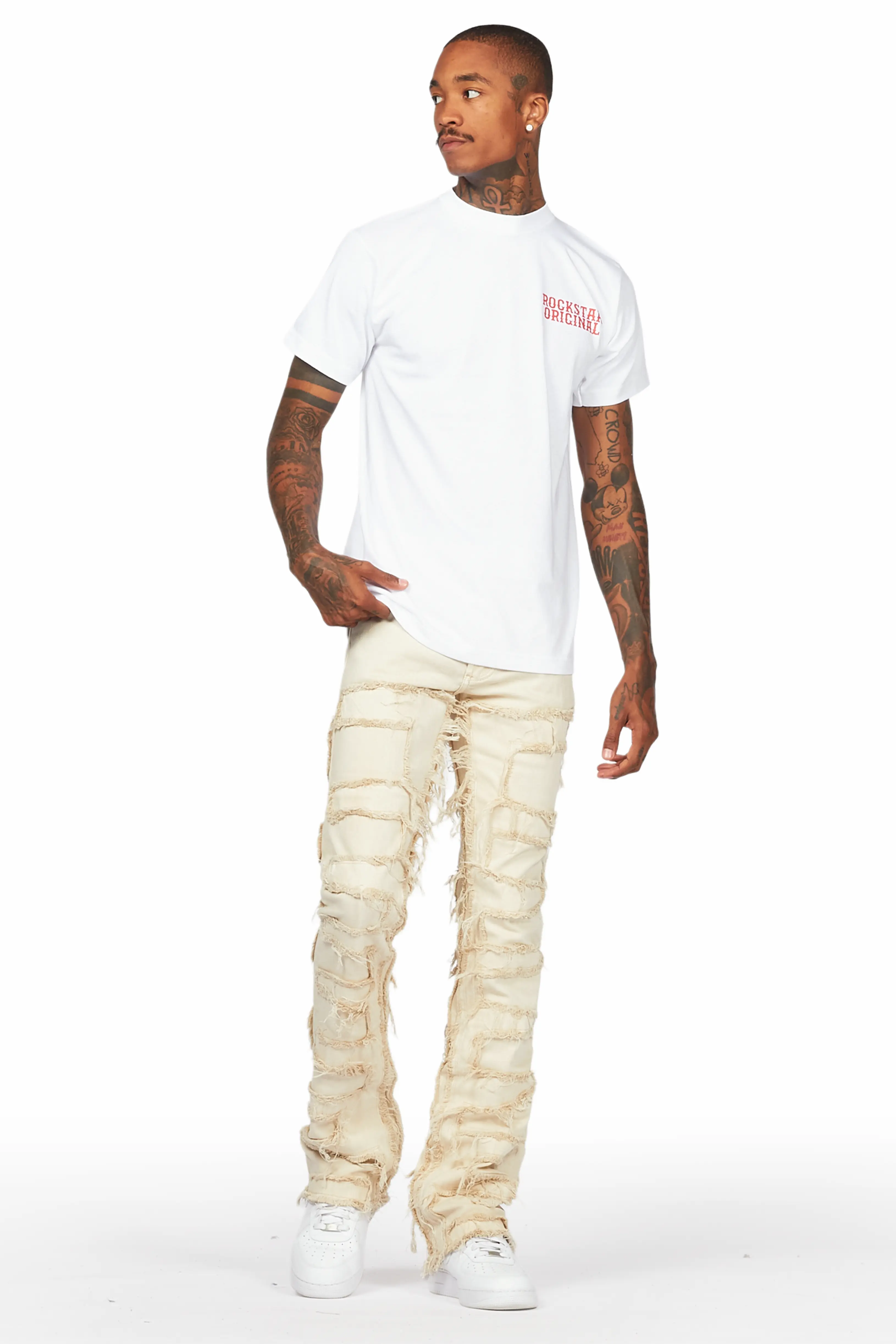 Posse White T-Shirt & Shake Beige Stacked Jean Bundle - Image 2