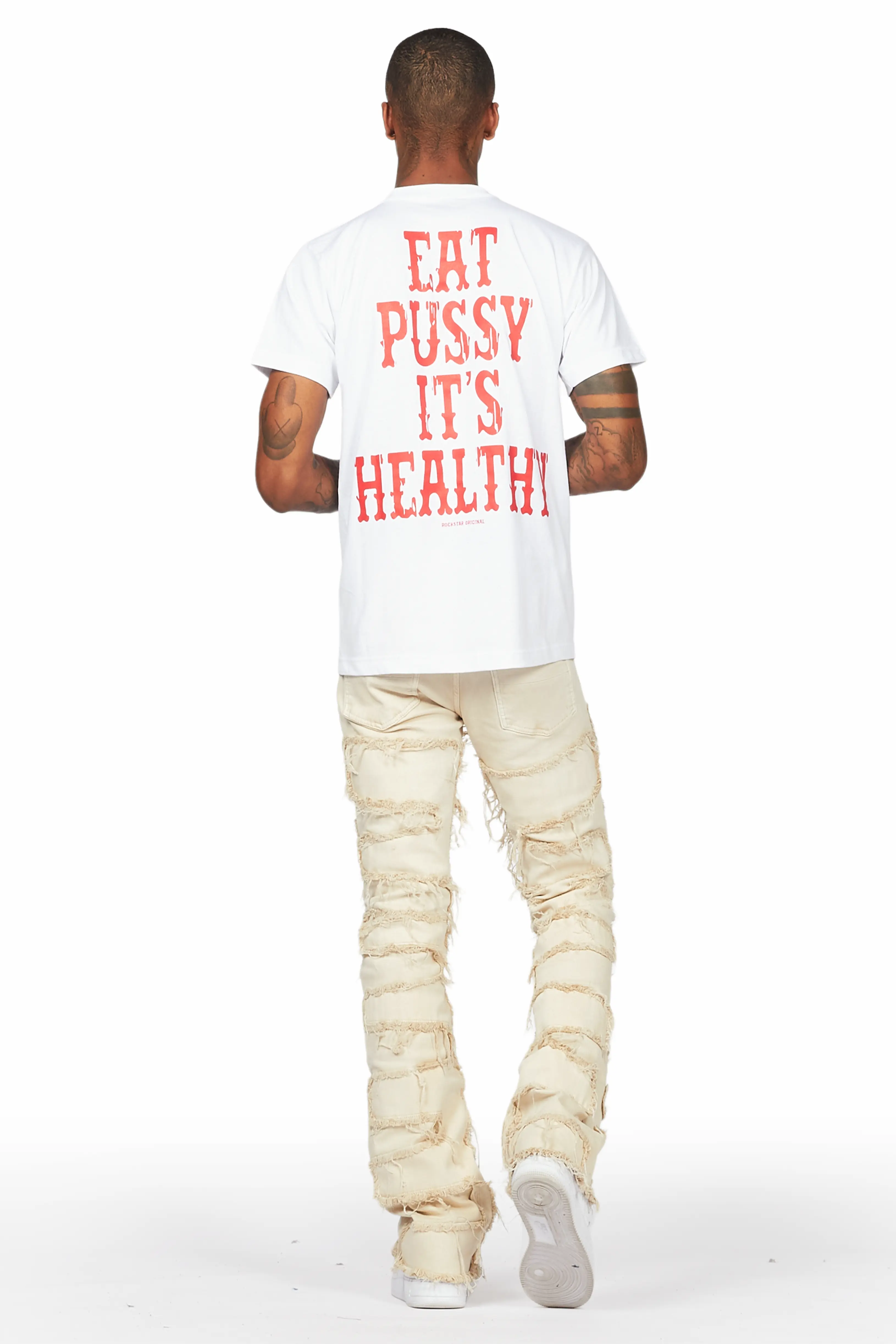 Posse White T-Shirt & Shake Beige Stacked Jean Bundle - Image 4