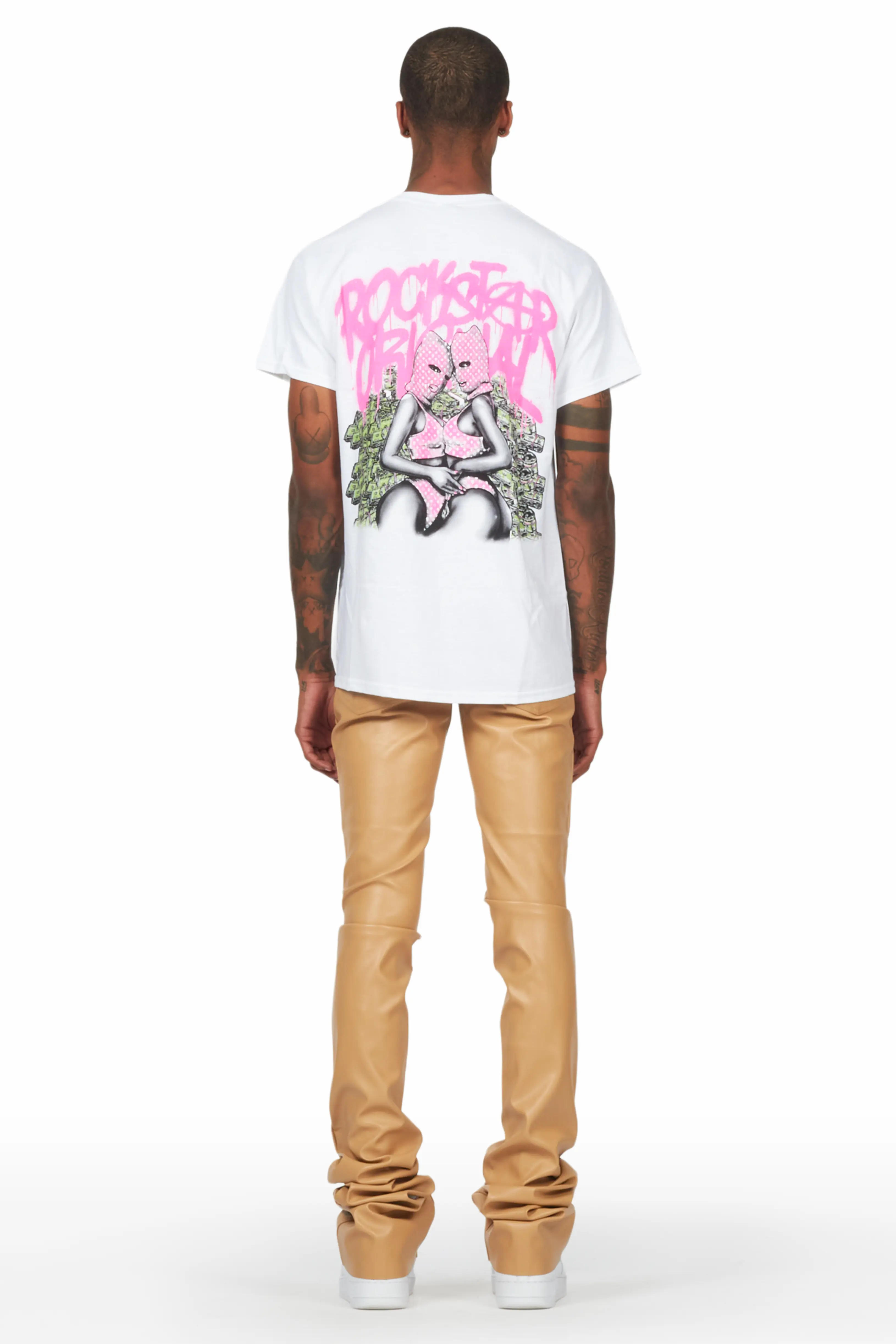 Badbich White T-Shirt & Ricky Tan Super Stacked Faux Leather Pant Bundle - Image 2