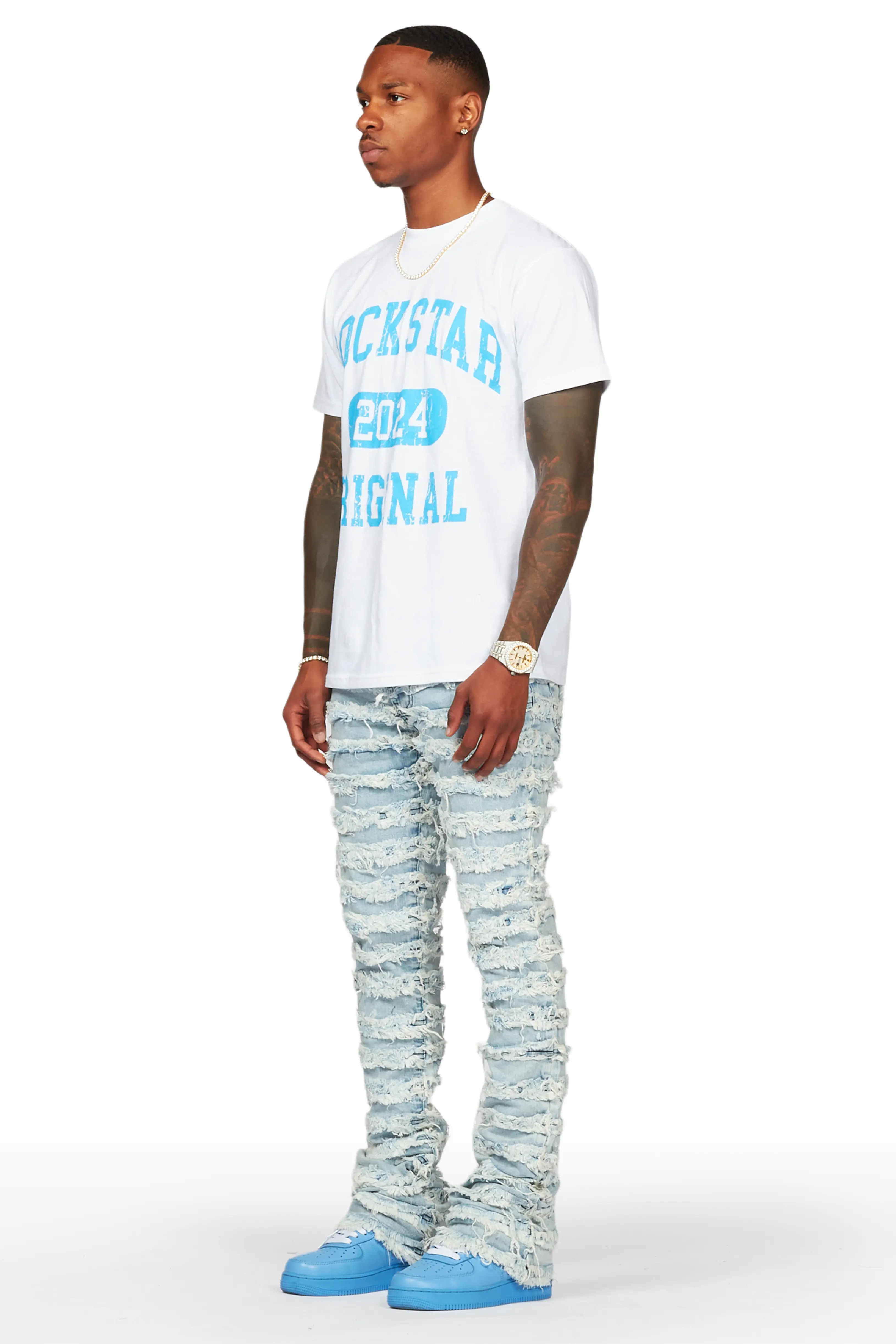 Members White T-Shirt & Ayan Blue Stacked Flare Jean - Image 3