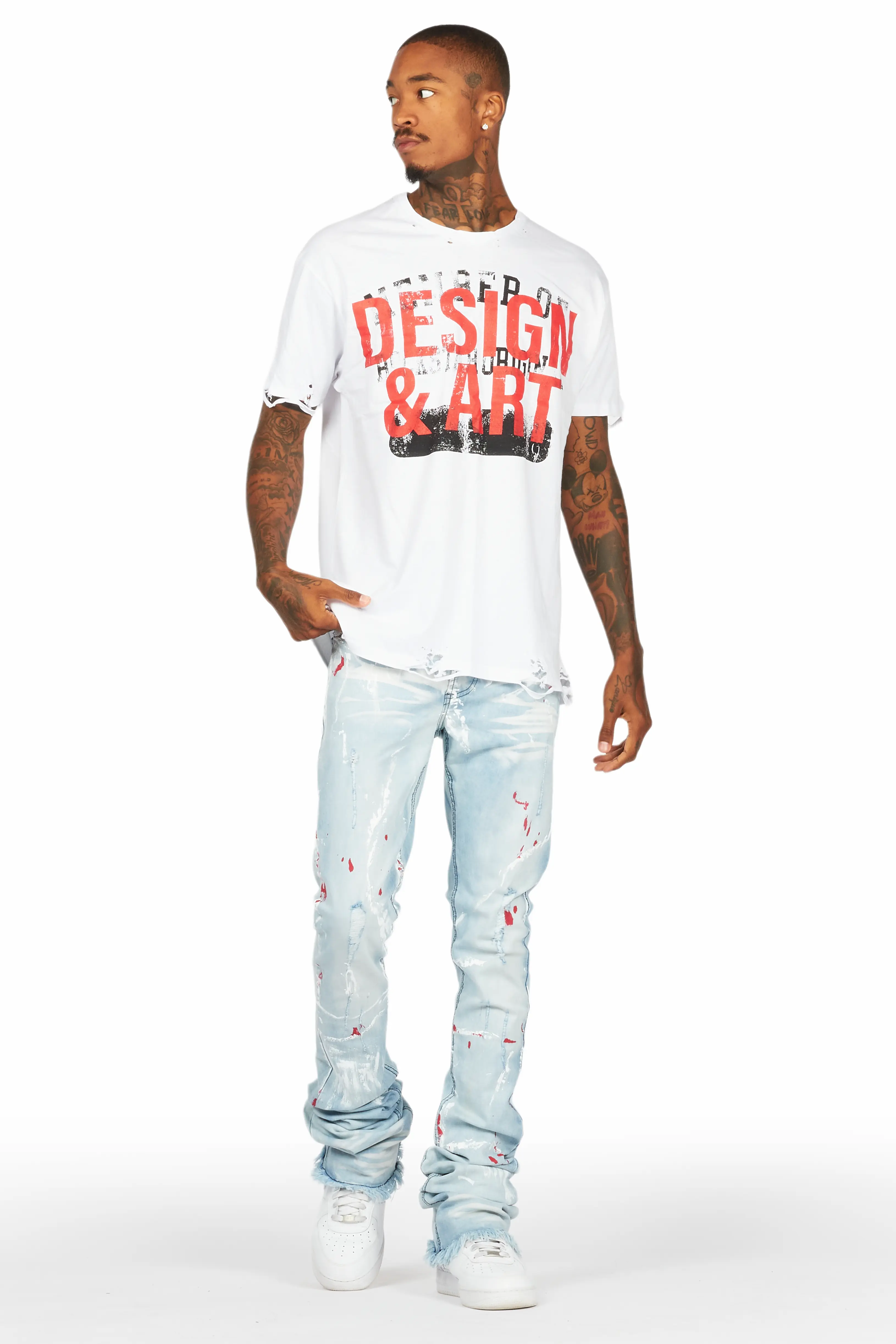Magar White T-Shirt/Super Stacked Flare Jean Set - Image 2