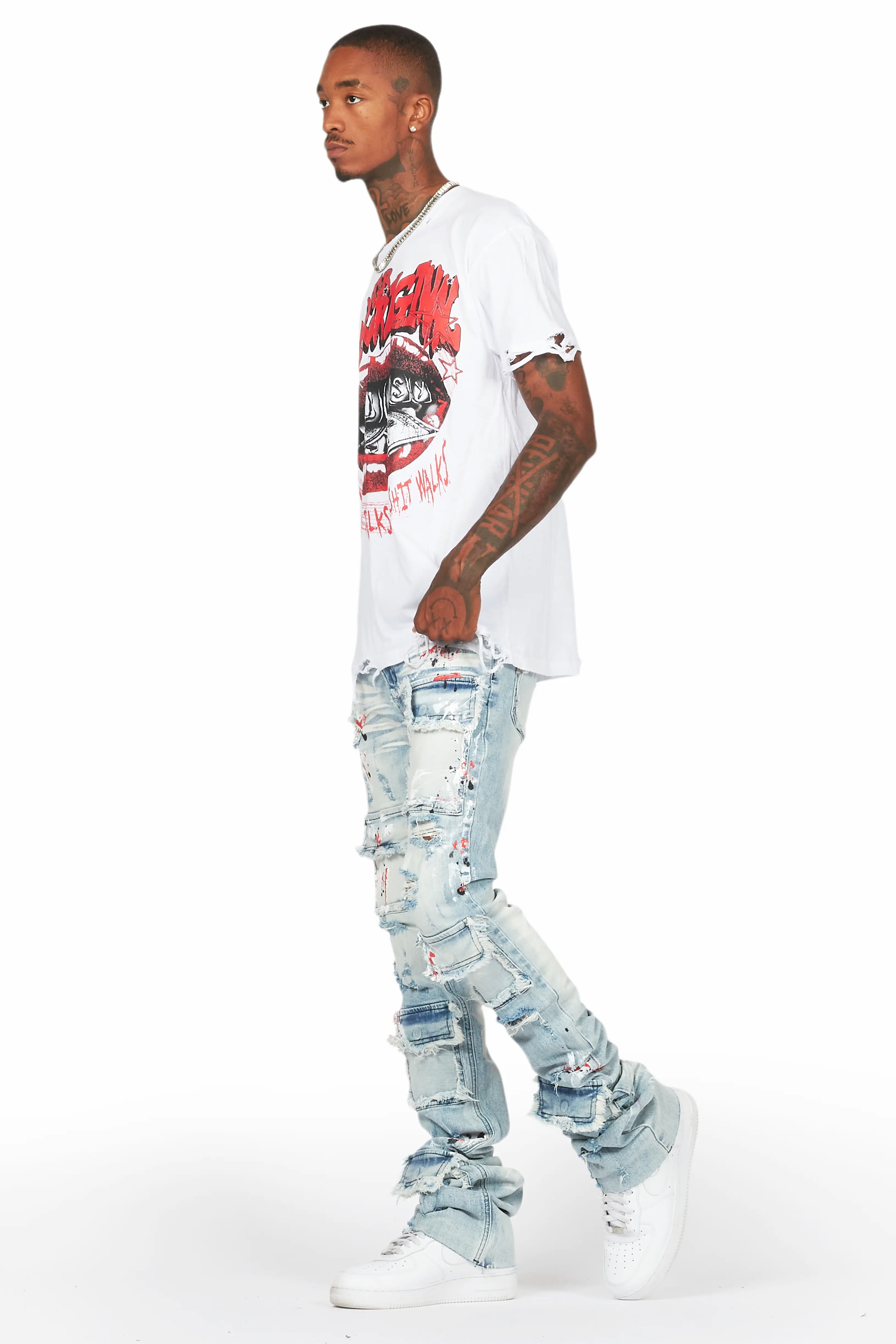 Bloke White/Blue T-Shirt/Super Stacked Flare Jean Bundle - Image 5