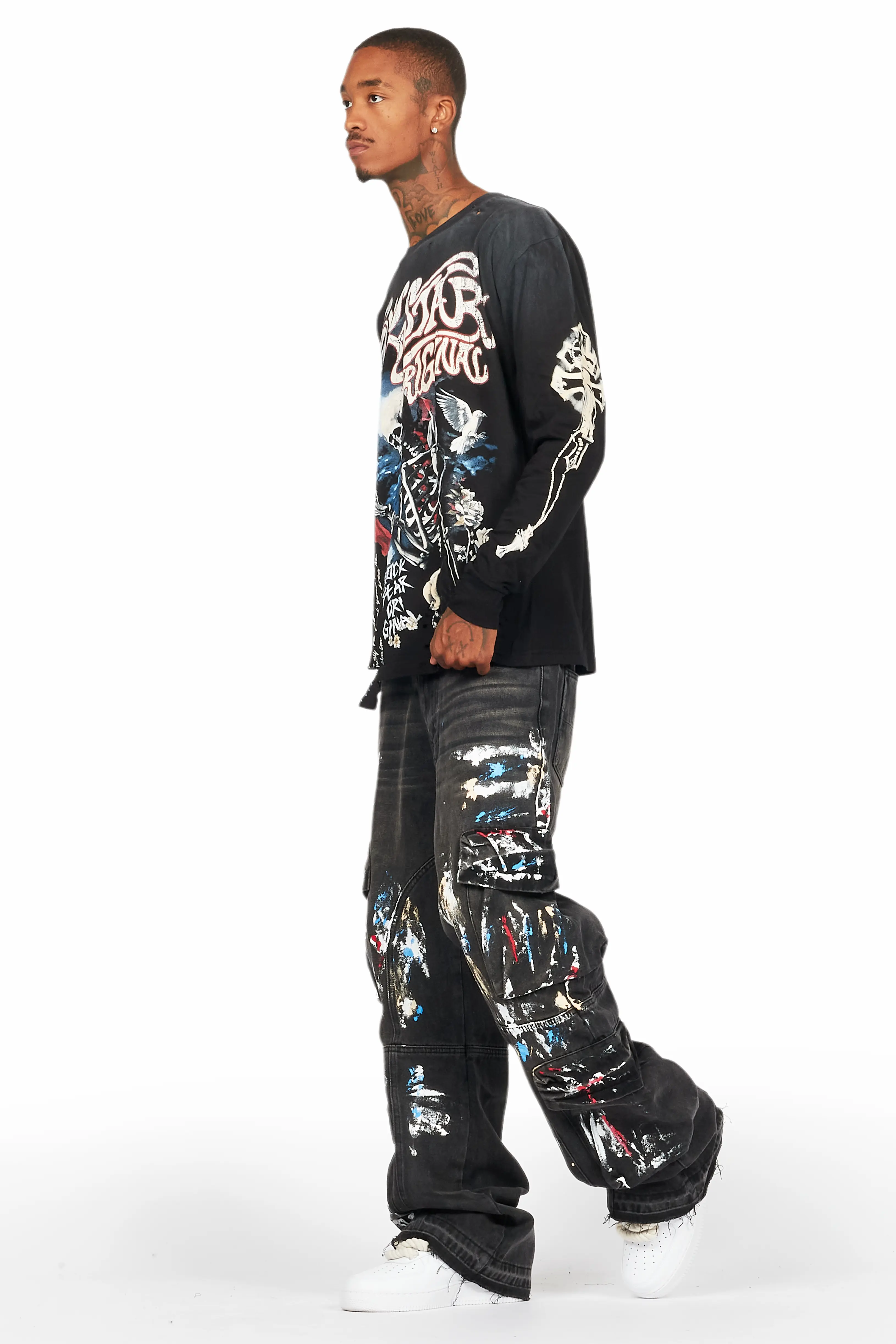 Danby Black Long Sleeve T-Shirt/Baggy Cargo Jean Bundle - Image 5