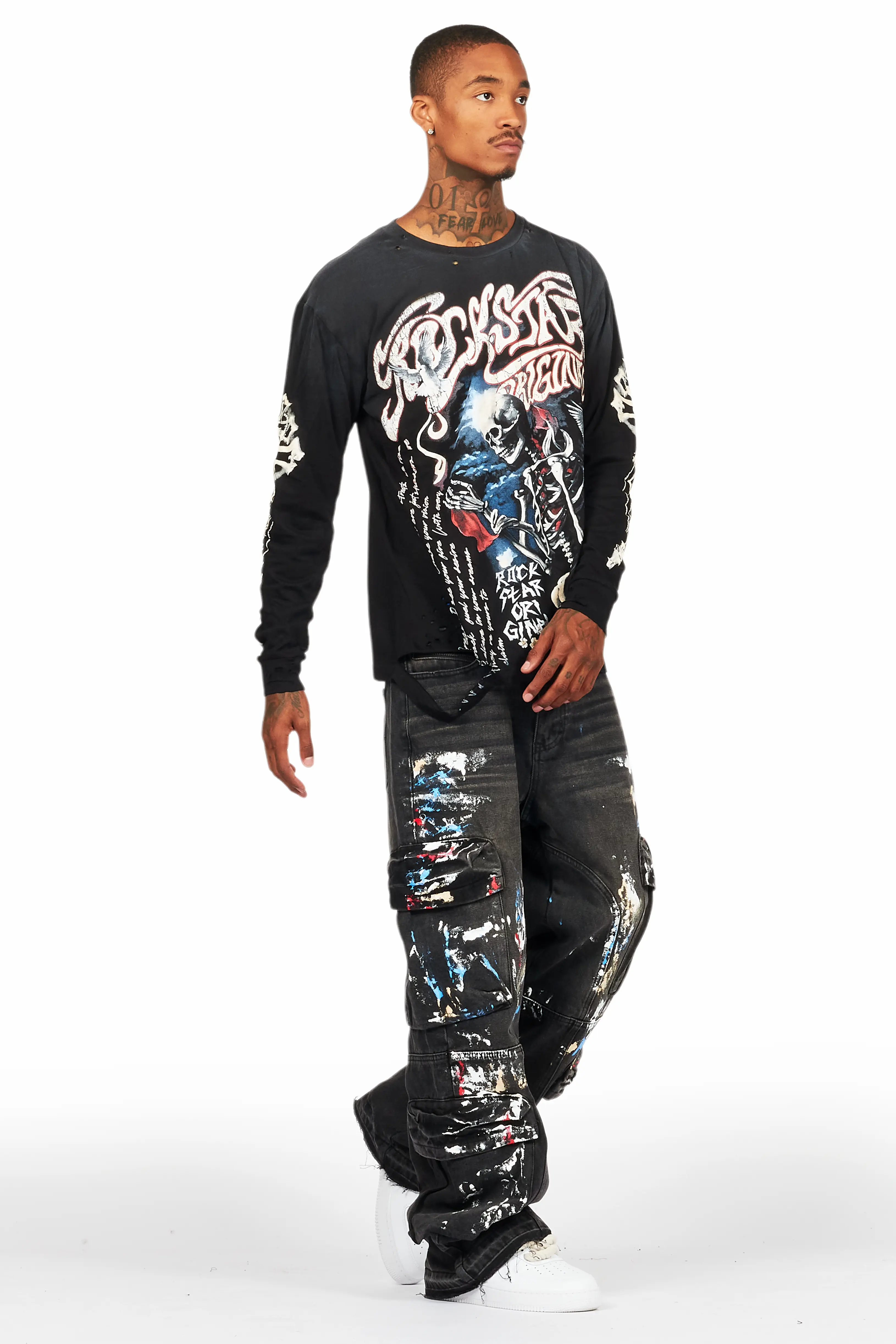 Danby Black Long Sleeve T-Shirt/Baggy Cargo Jean Bundle - Image 6