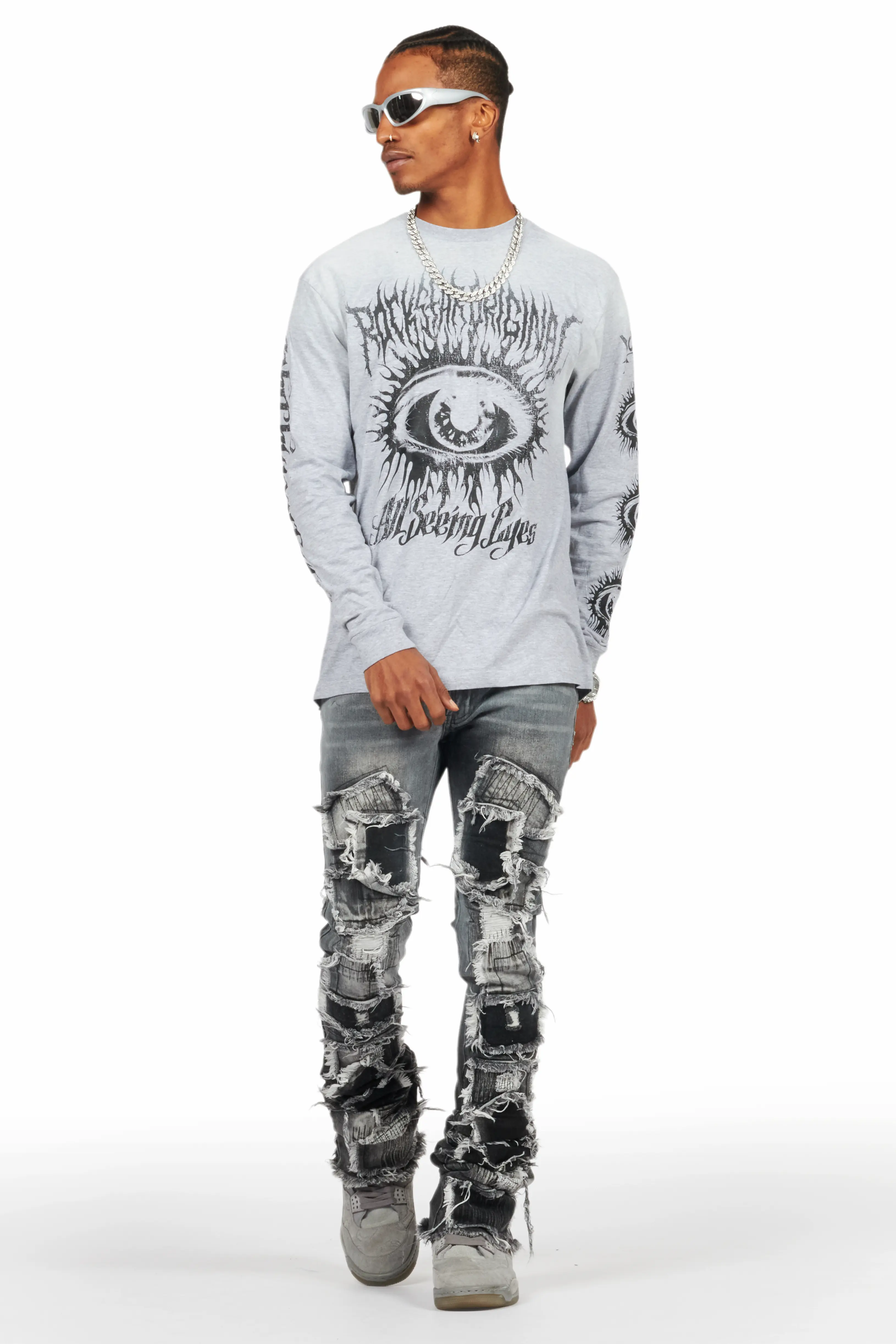 All Seeing Eyes Grey Long Sleeve T-Shirt/Super Stacked Flare Jean Bundle - Image 2