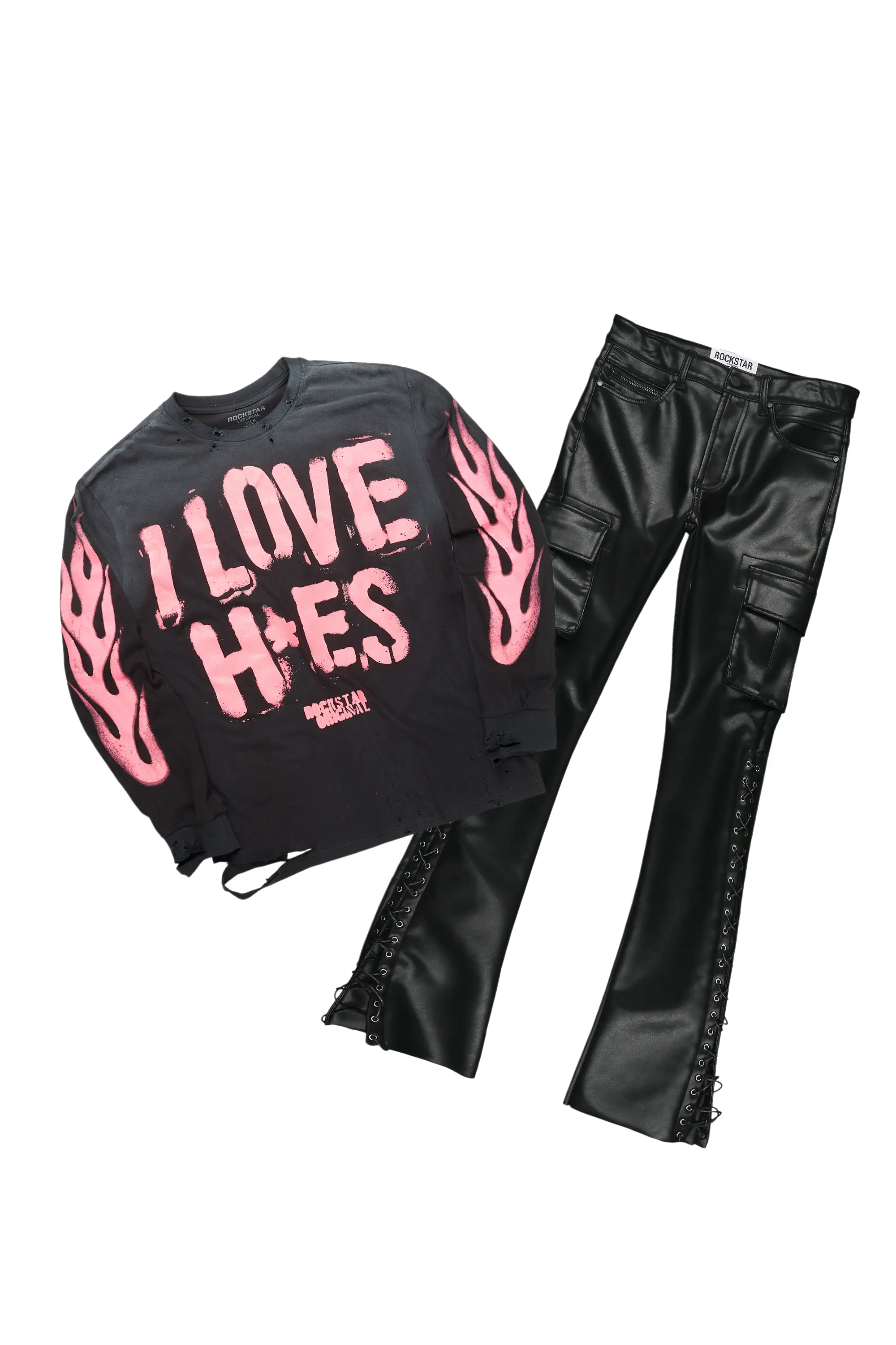 Banyan Black Long Sleeve T-Shirt & Honor Stacked Flare PU Jean Bundle