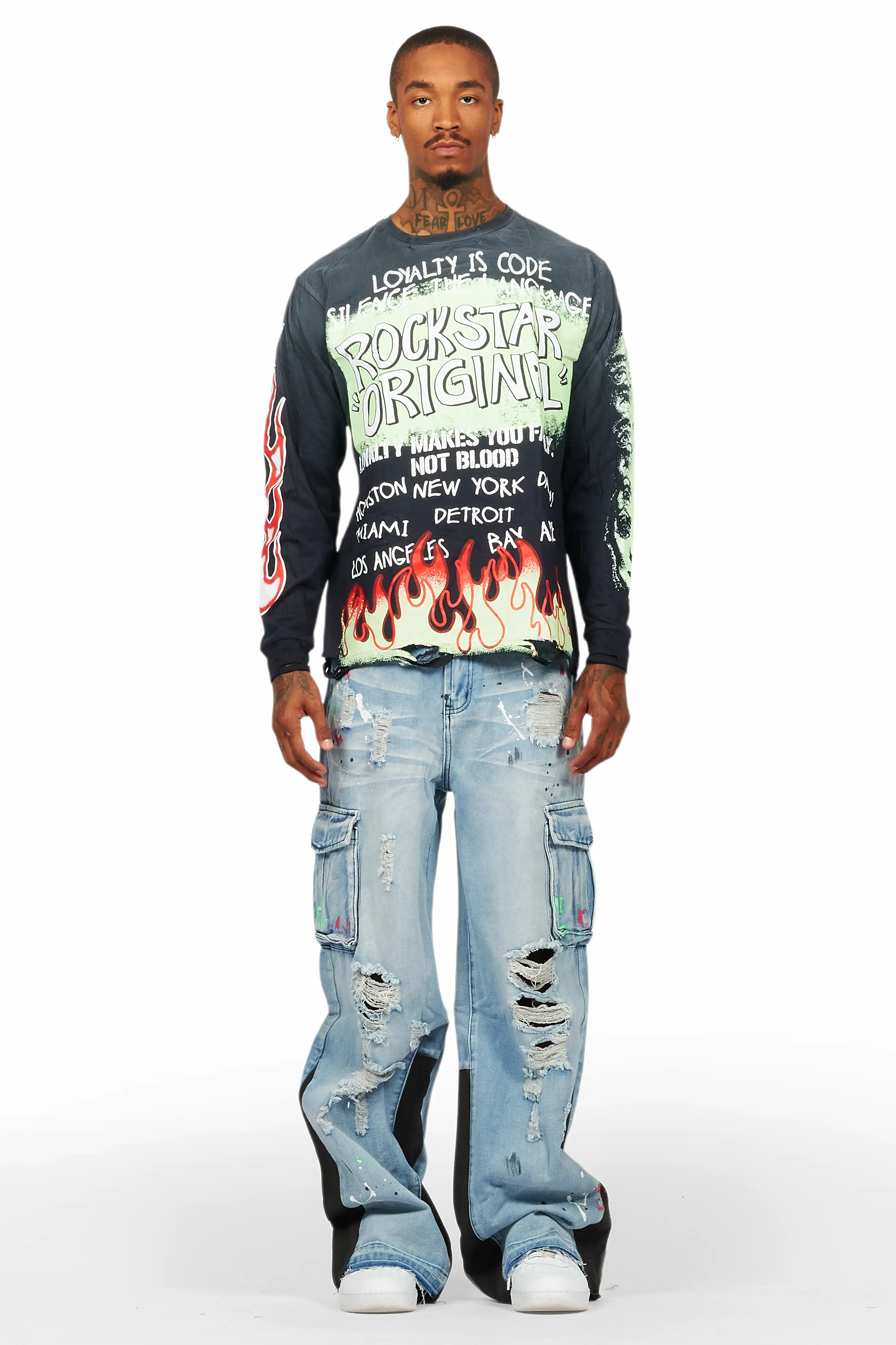 Beno Black/Blue Long Sleeve T-Shirt/Baggy Fit Jean Bundle - Image 2