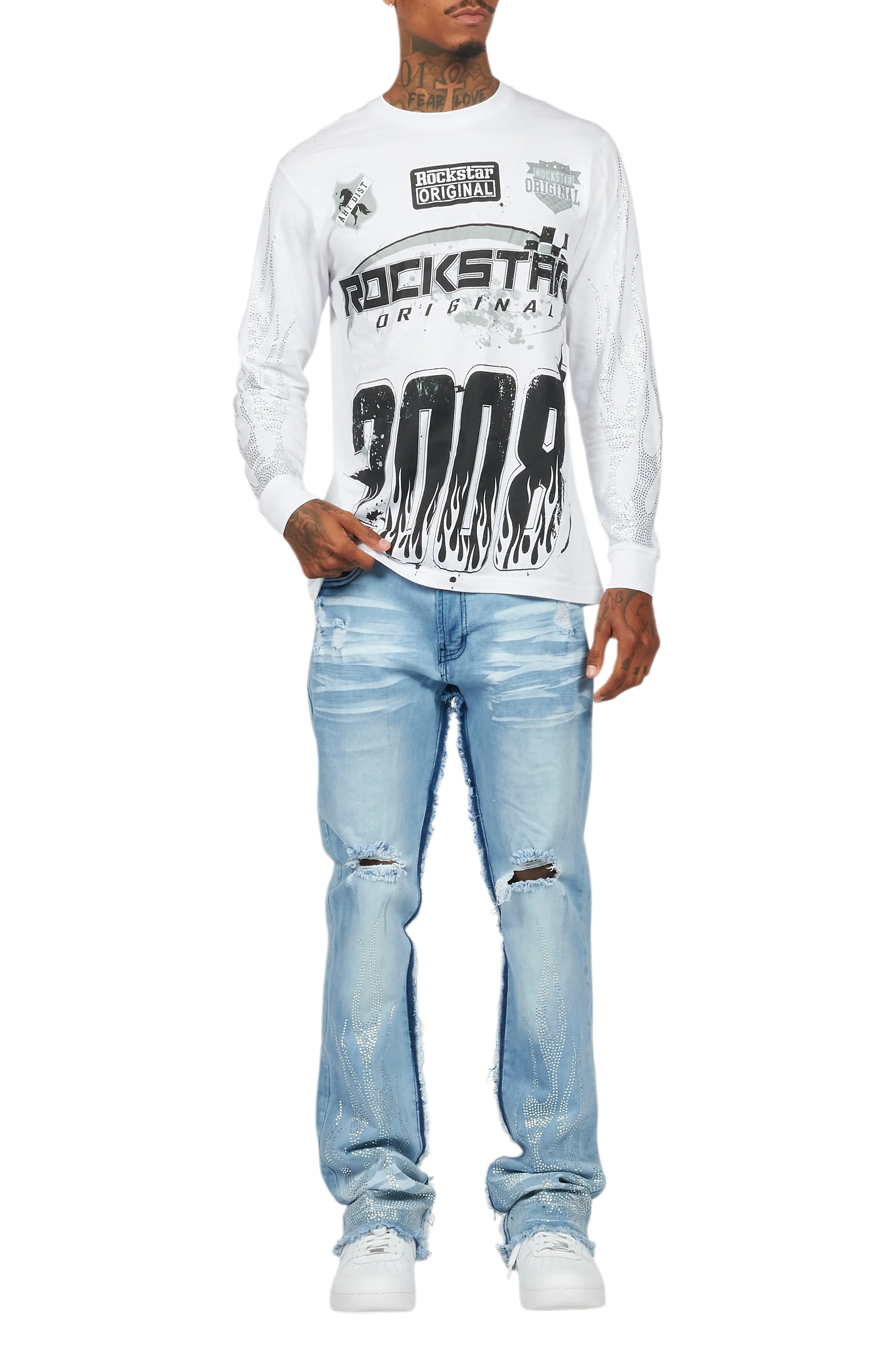 Amos White/Blue Rhinestone Long Sleeve T-Shirt/Stacked Flare Jean Set - Image 10