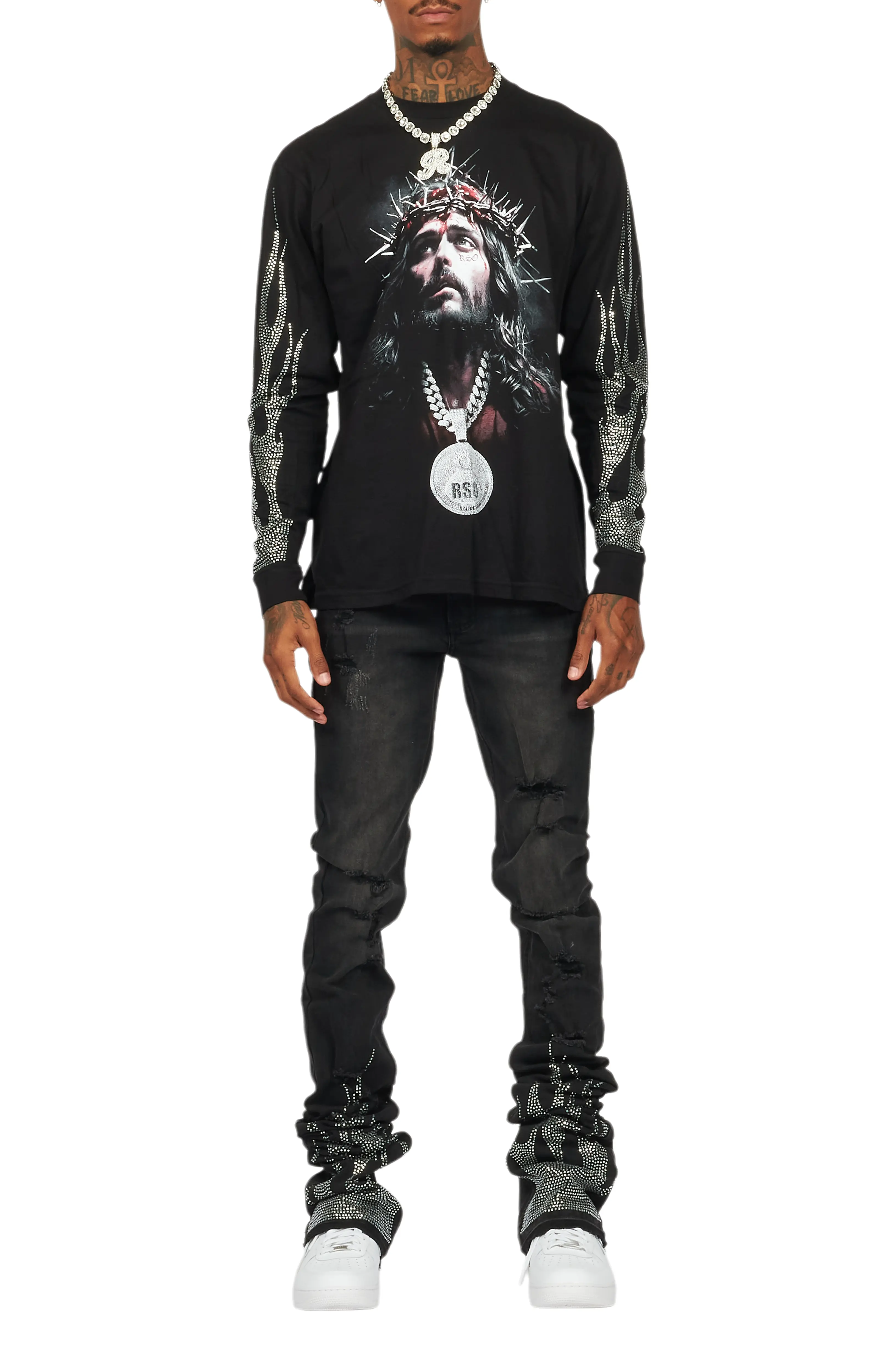 Amina Black Rhinestone Long Sleeve T-Shirt/Super Stacked Flare Jean Set - Image 10