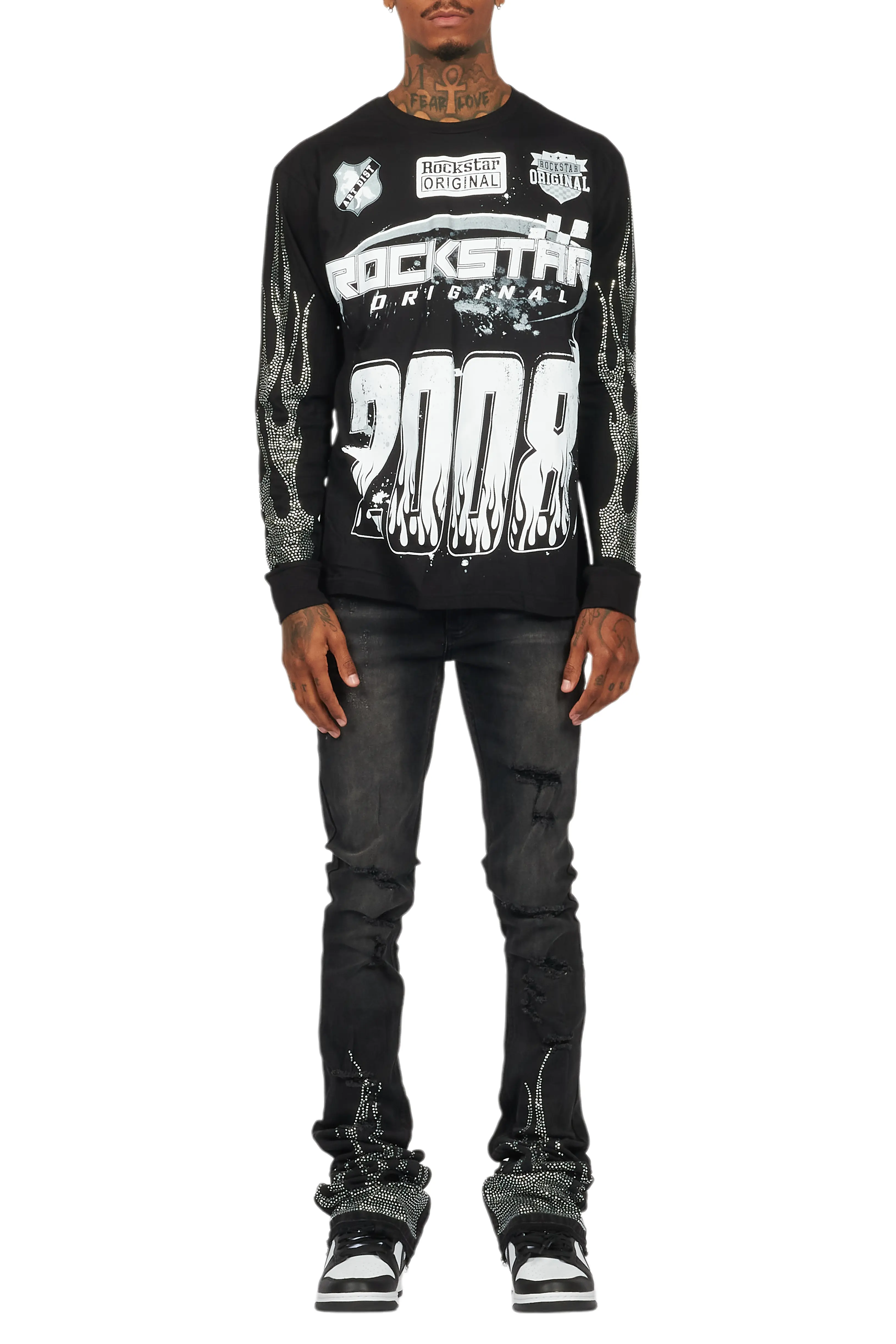 Amos Black Rhinestone Long Sleeve T-Shirt/Super Stacked Flare Jean Set - Image 10
