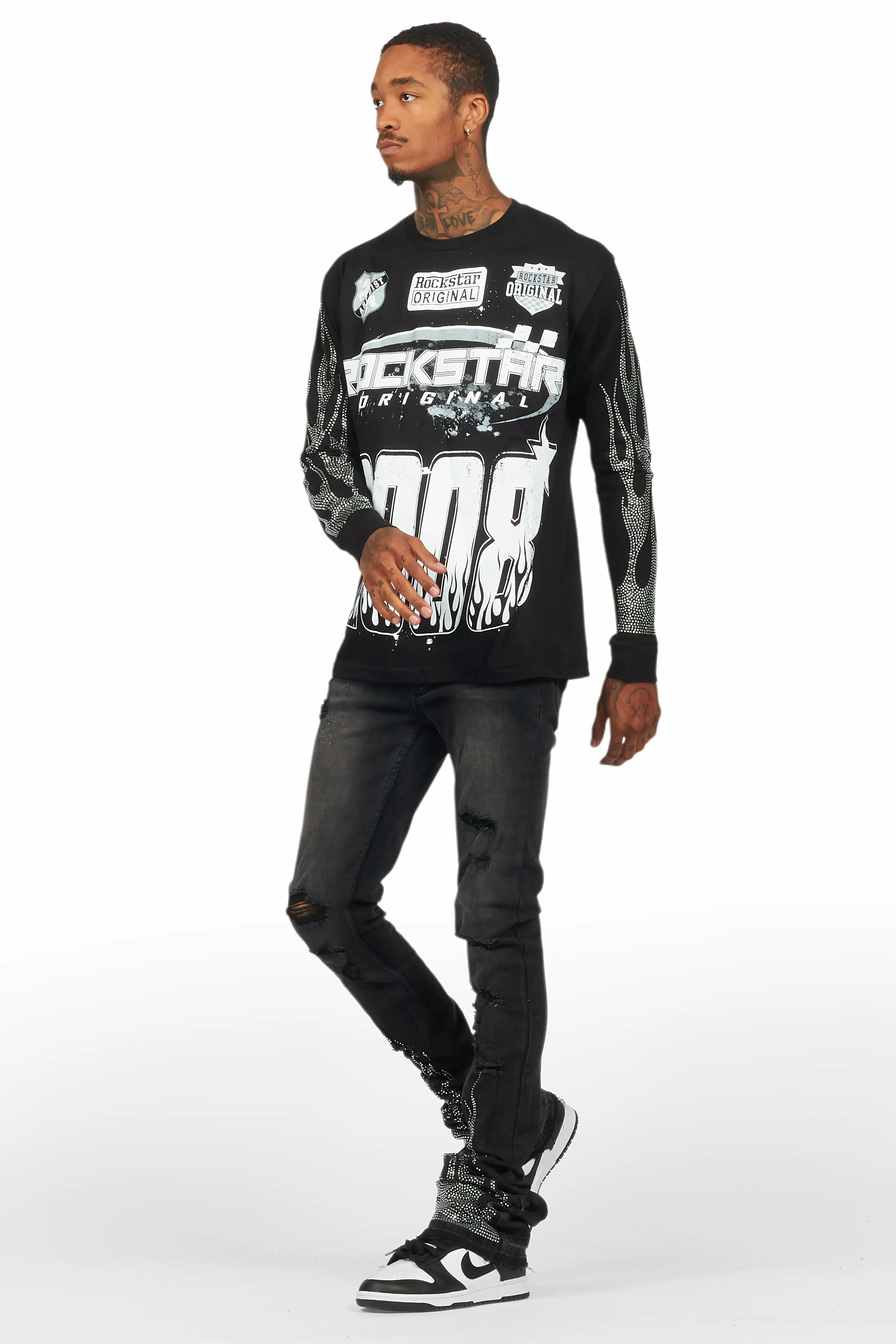 Amos Black Rhinestone Long Sleeve T-Shirt/Super Stacked Flare Jean Set - Image 5