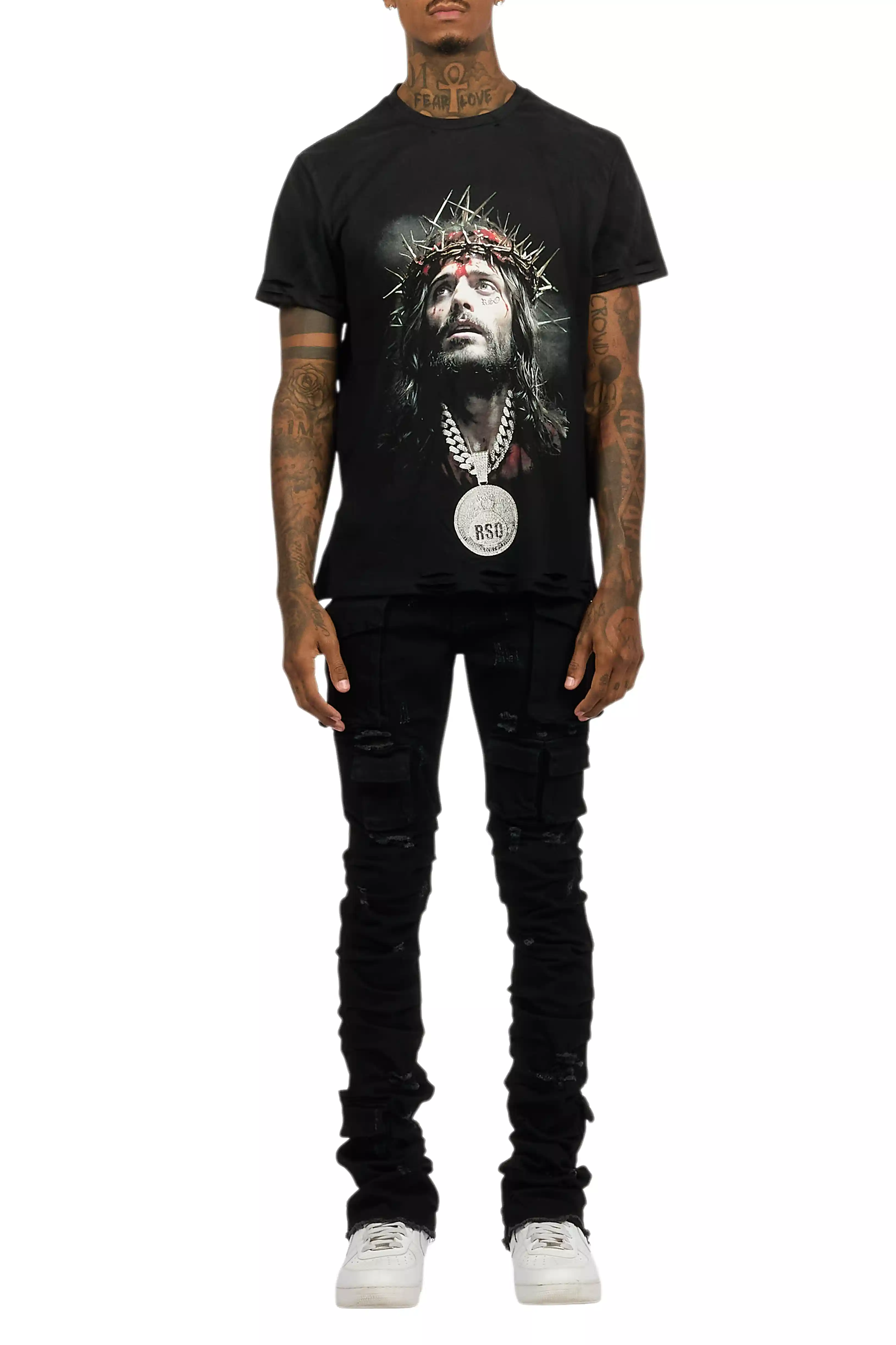 Amina Black T-Shirt Stacked Flare Jean Set - Image 11