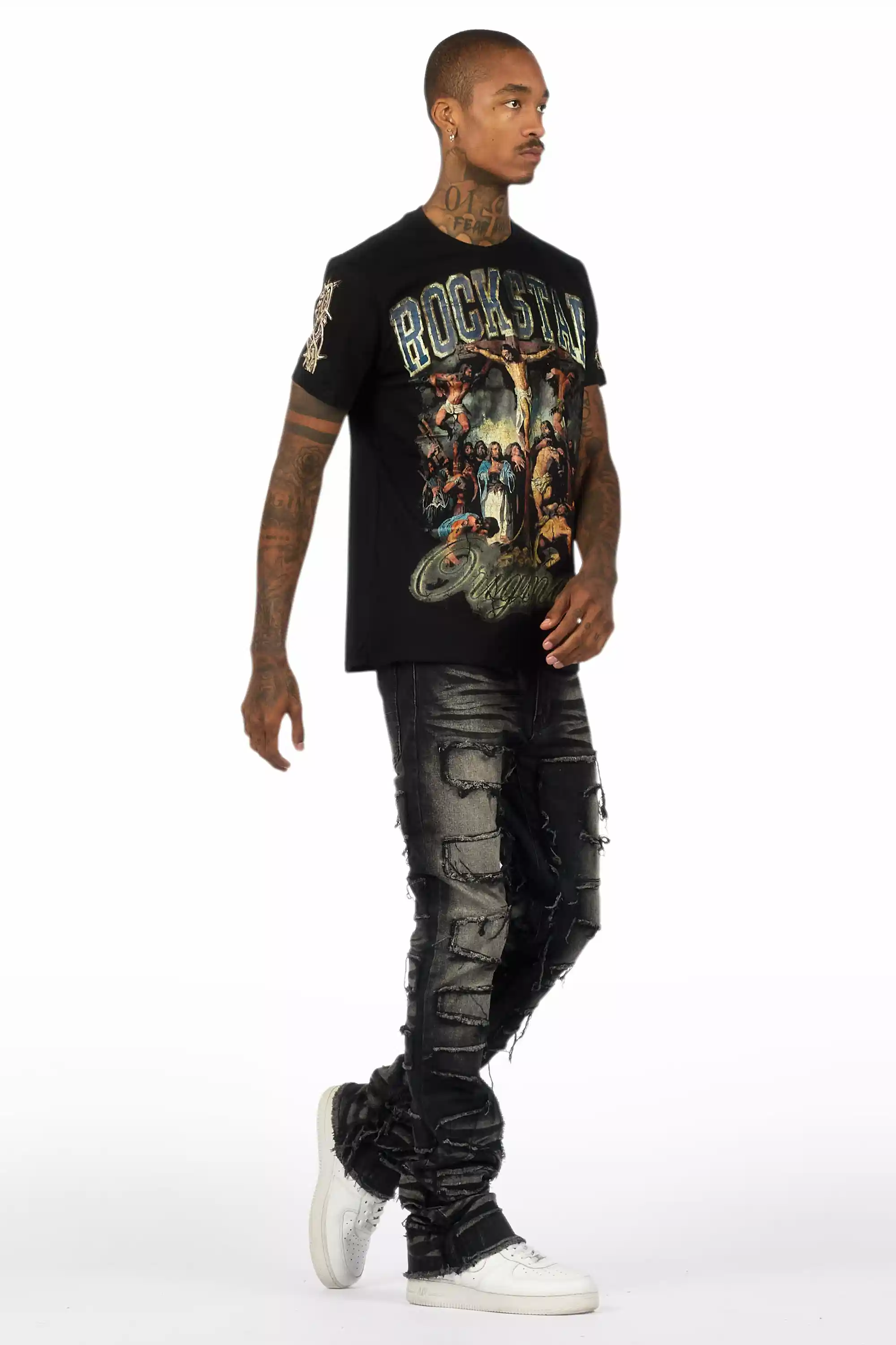 Waller Dark Grey Graphic T-Shirt/Stacked Flare Jean Bundle - Image 4