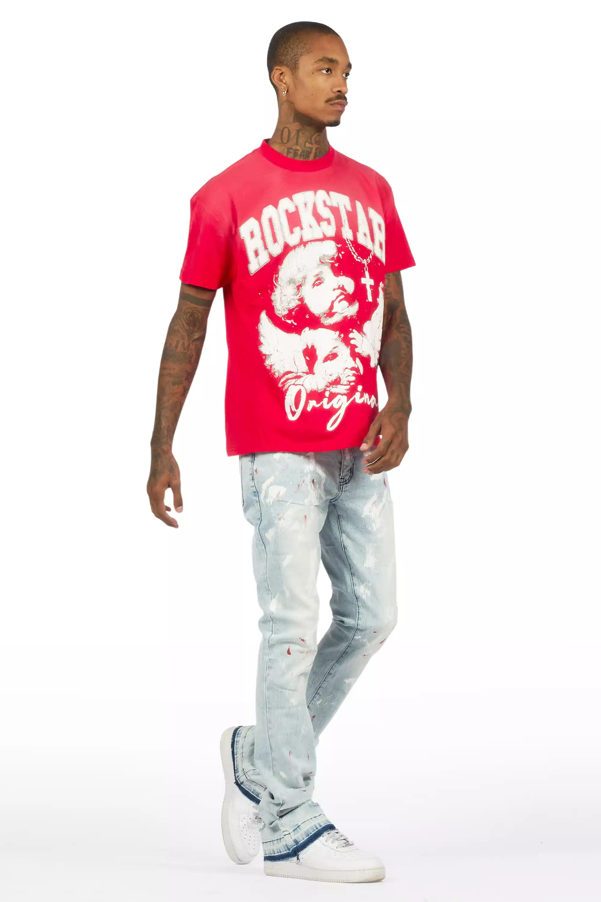 Deiter Red Oversized T-Shirt/Stacked Flare Jean Set - Image 4