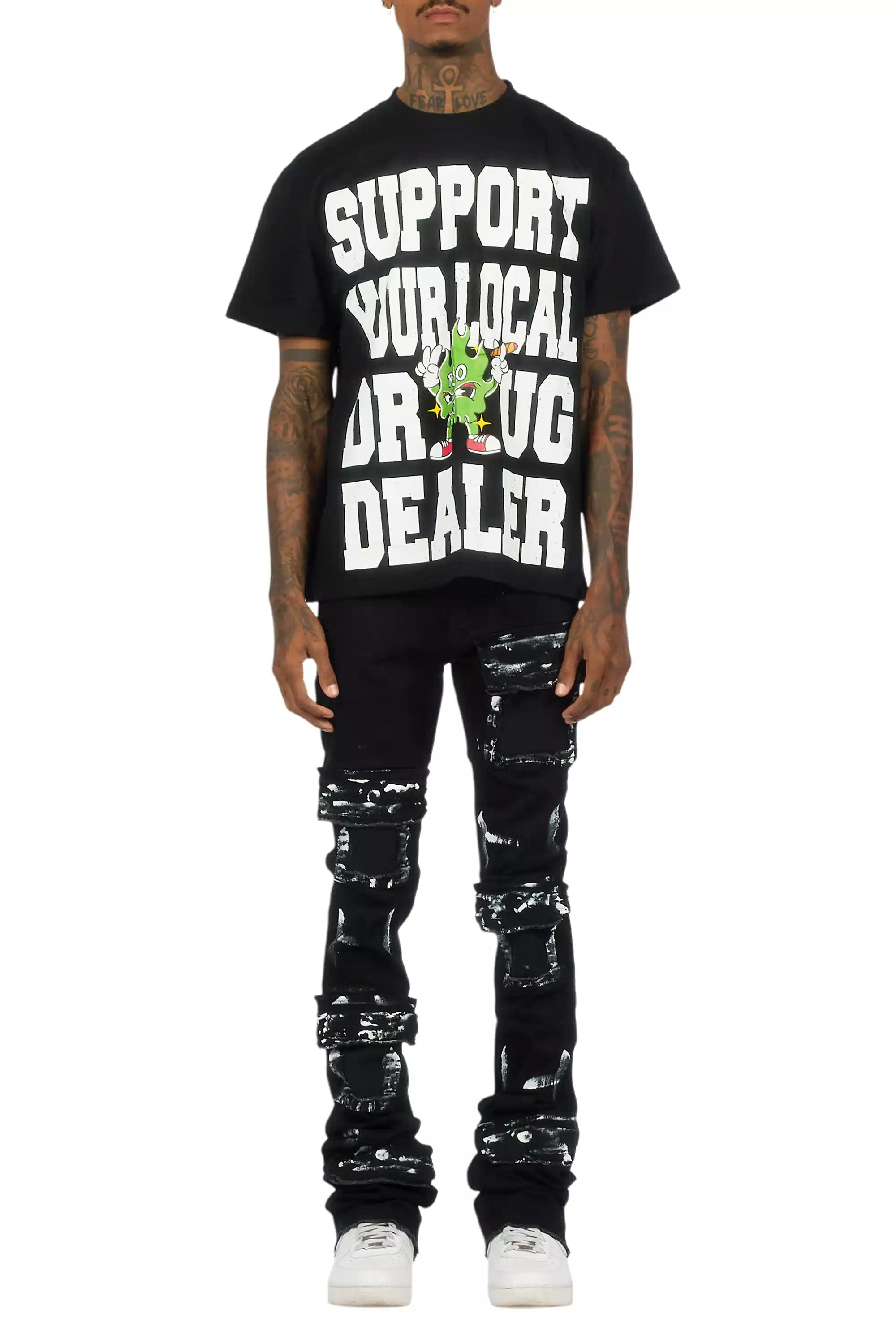 Tarl Black Oversized T-Shirt/Painted Super Stacked Flare Jean Bundle - Image 11
