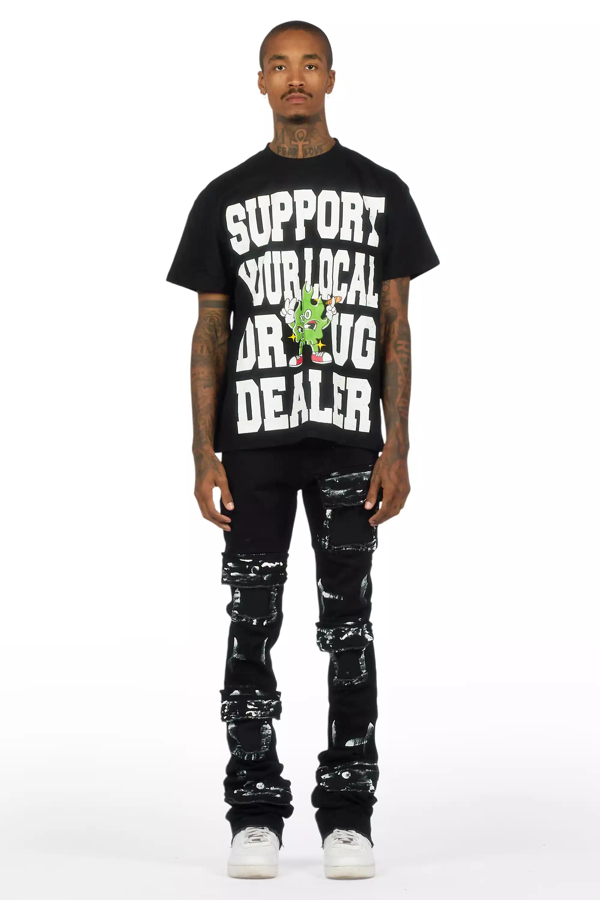 Tarl Black Oversized T-Shirt/Painted Super Stacked Flare Jean Bundle - Image 2