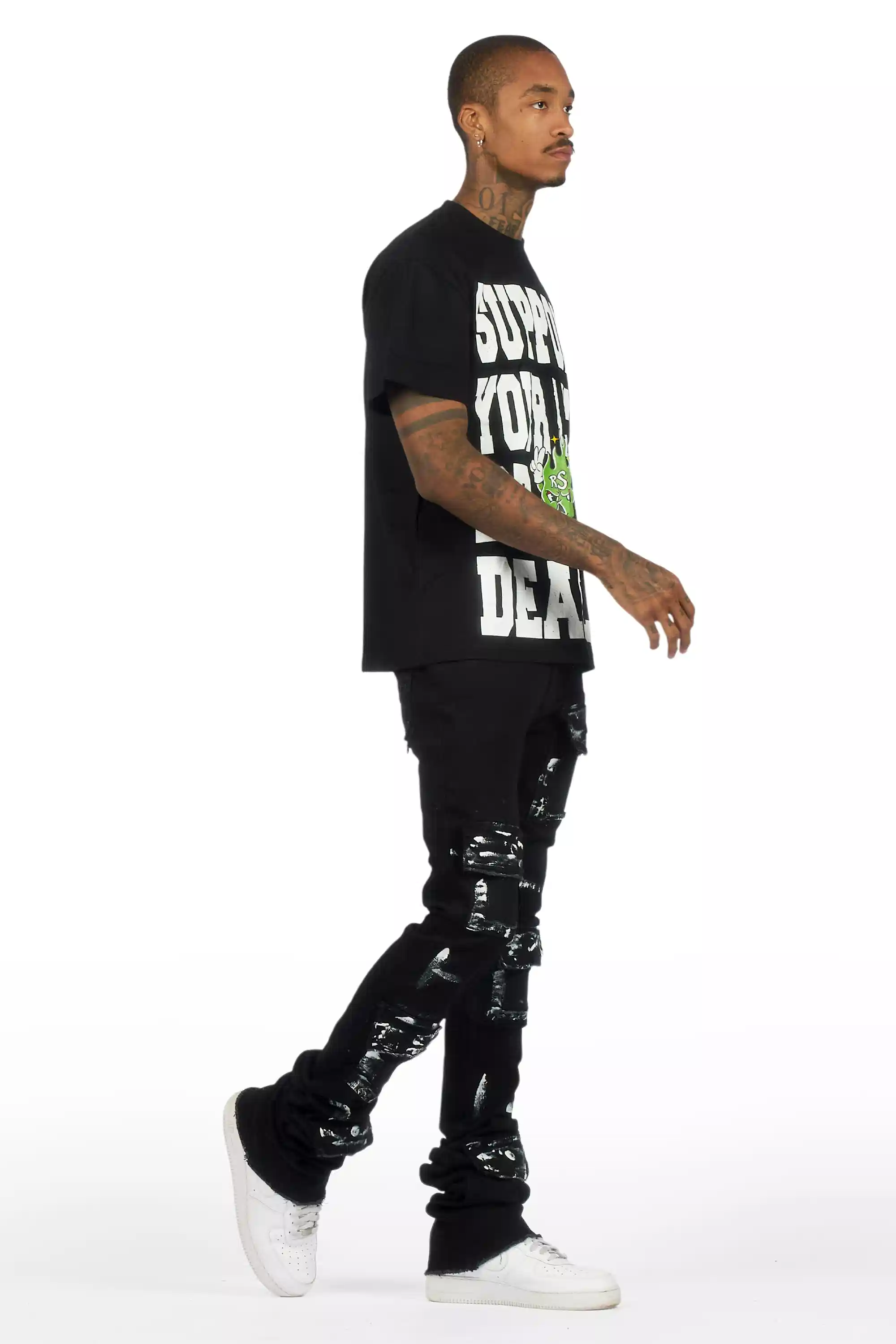 Tarl Black Oversized T-Shirt/Painted Super Stacked Flare Jean Bundle - Image 3