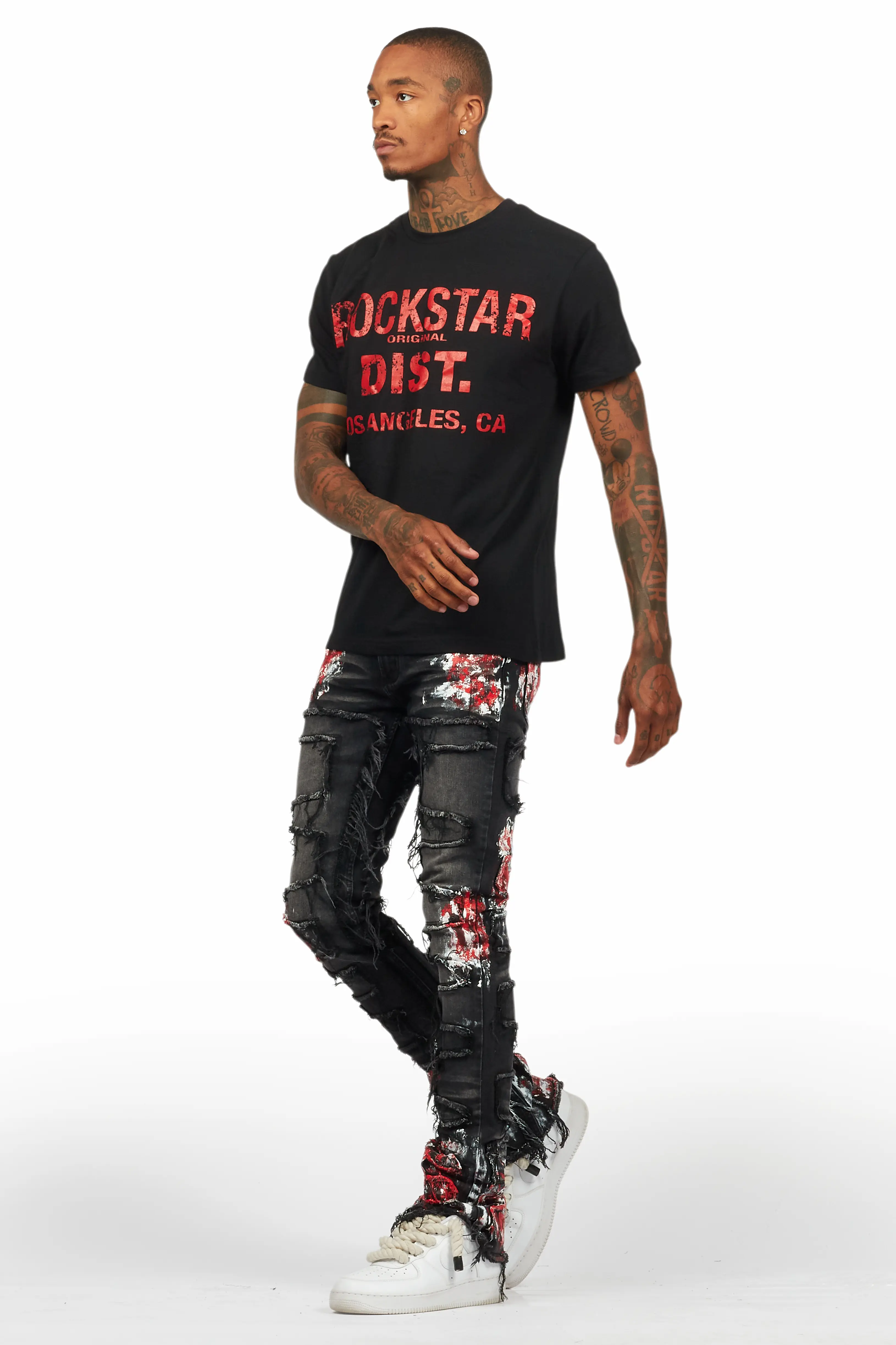 Saxon Dark Grey/Red T-Shirt/Stacked Flare Jean Set - Image 5