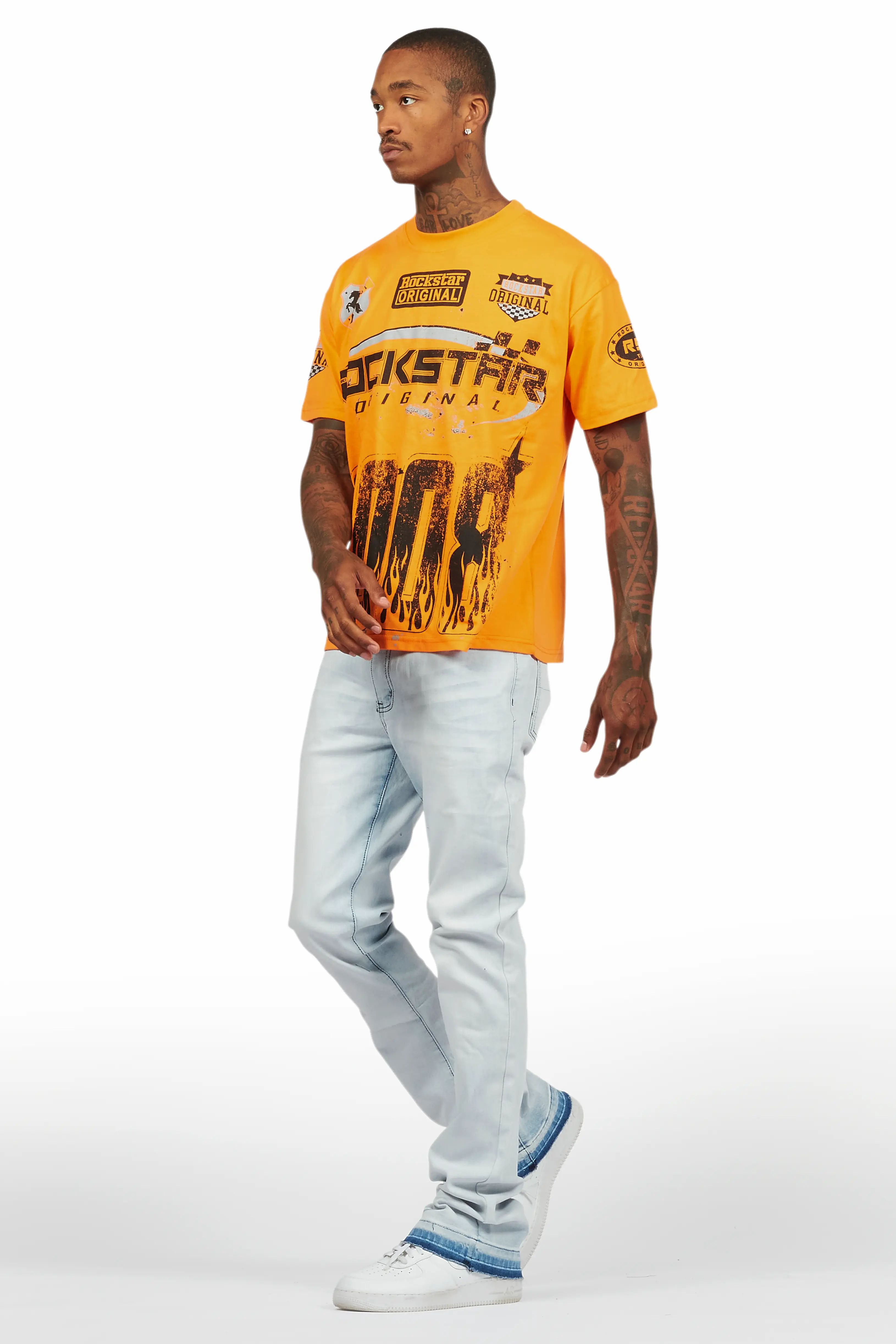 Amos Orange T-Shirt/Dag Blue Stacked Flare Jean Set - Image 11