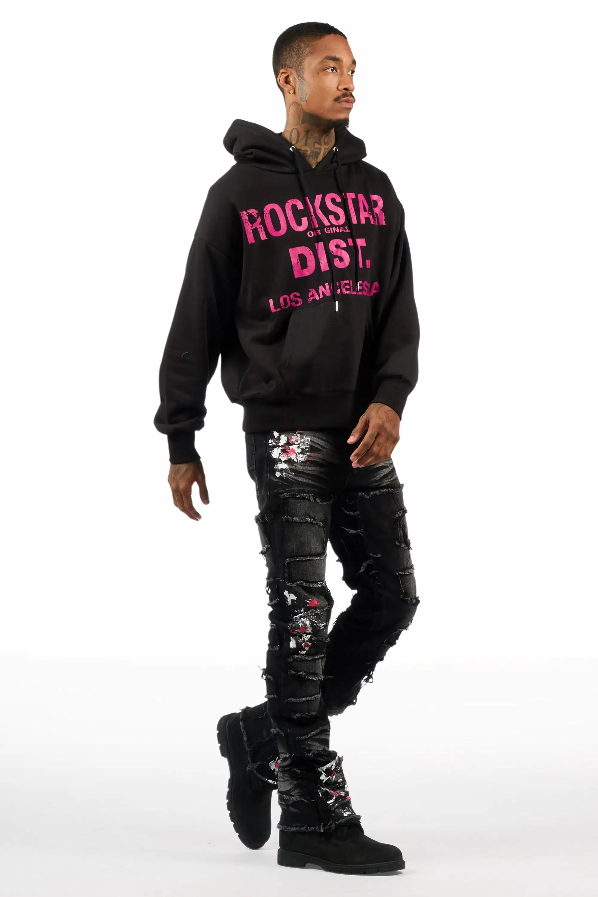 Saxon Pink/Black Hoodie/Stacked Flare Jean Set - Image 3