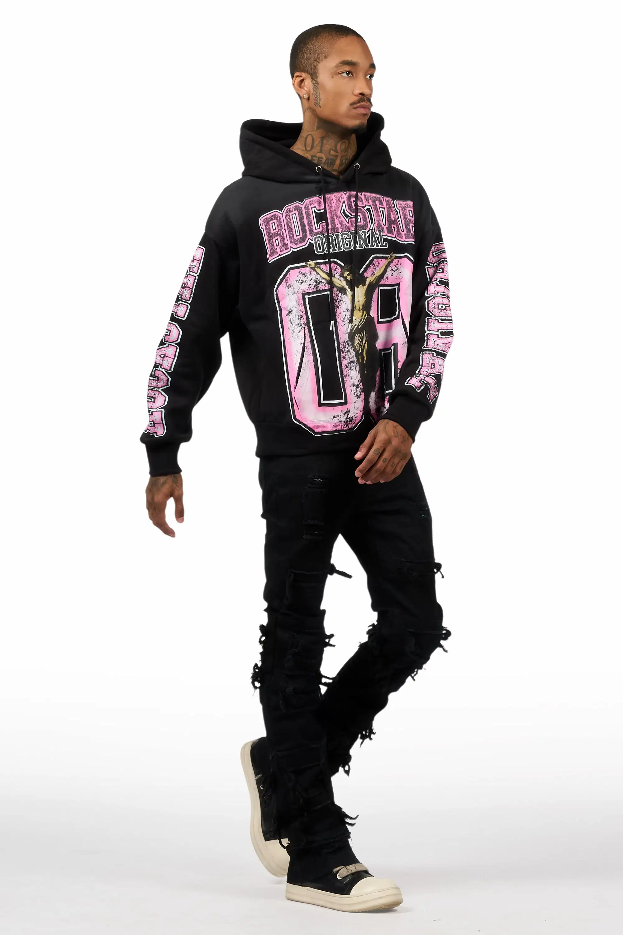 Fields Black Relaxed Hoodie & Vasco Jet Black Stacked Flare Jean Set - Image 2