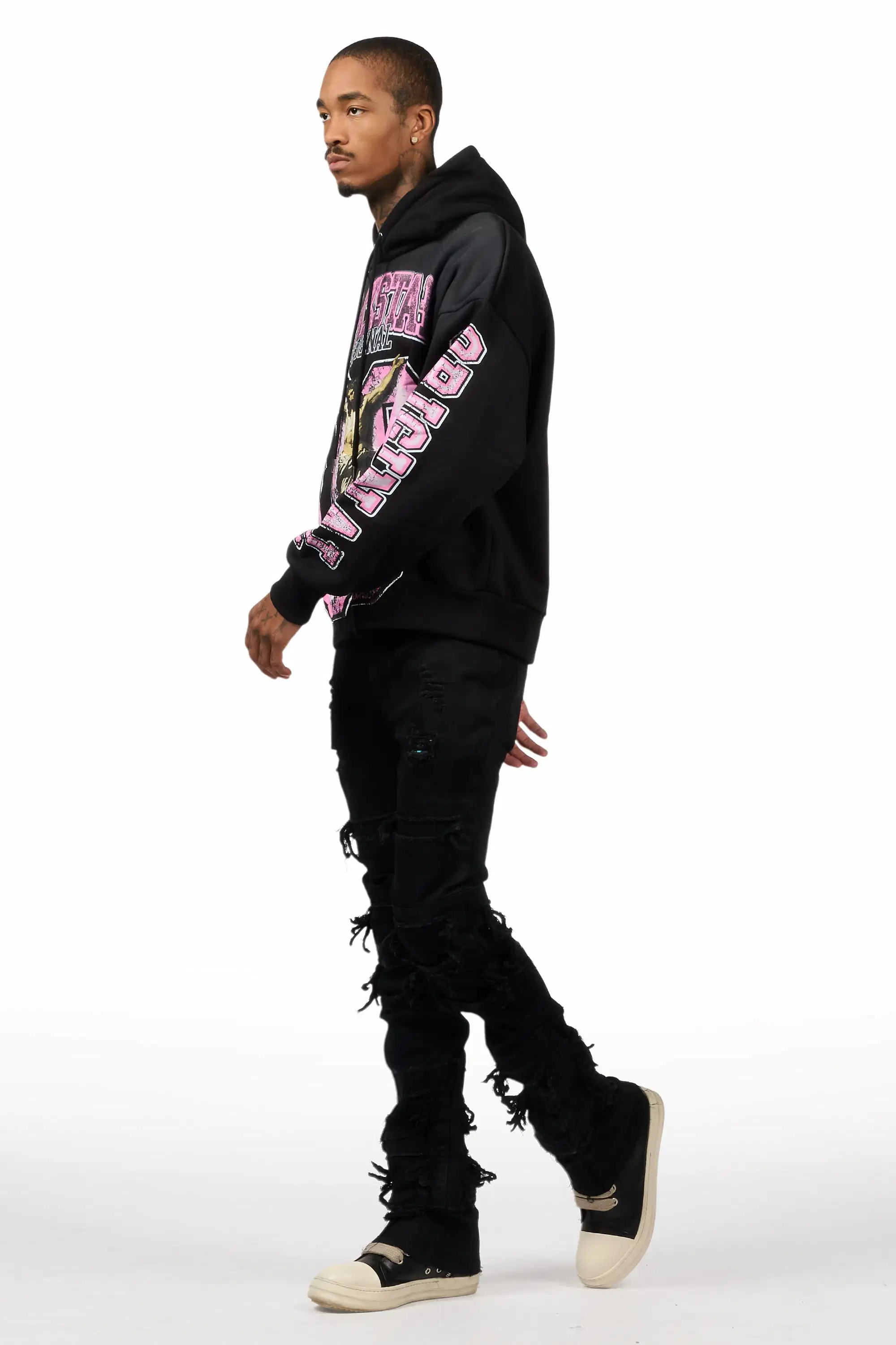 Fields Black Relaxed Hoodie & Vasco Jet Black Stacked Flare Jean Set - Image 4