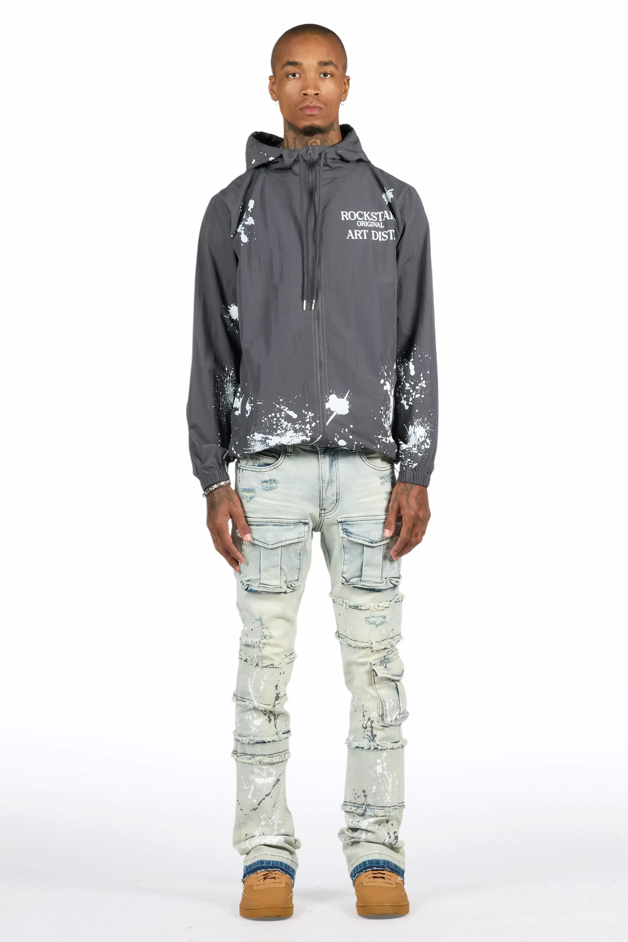 Raffer Grey/Blue Windbreaker/Stacked Cargo Flare Jean - Image 2