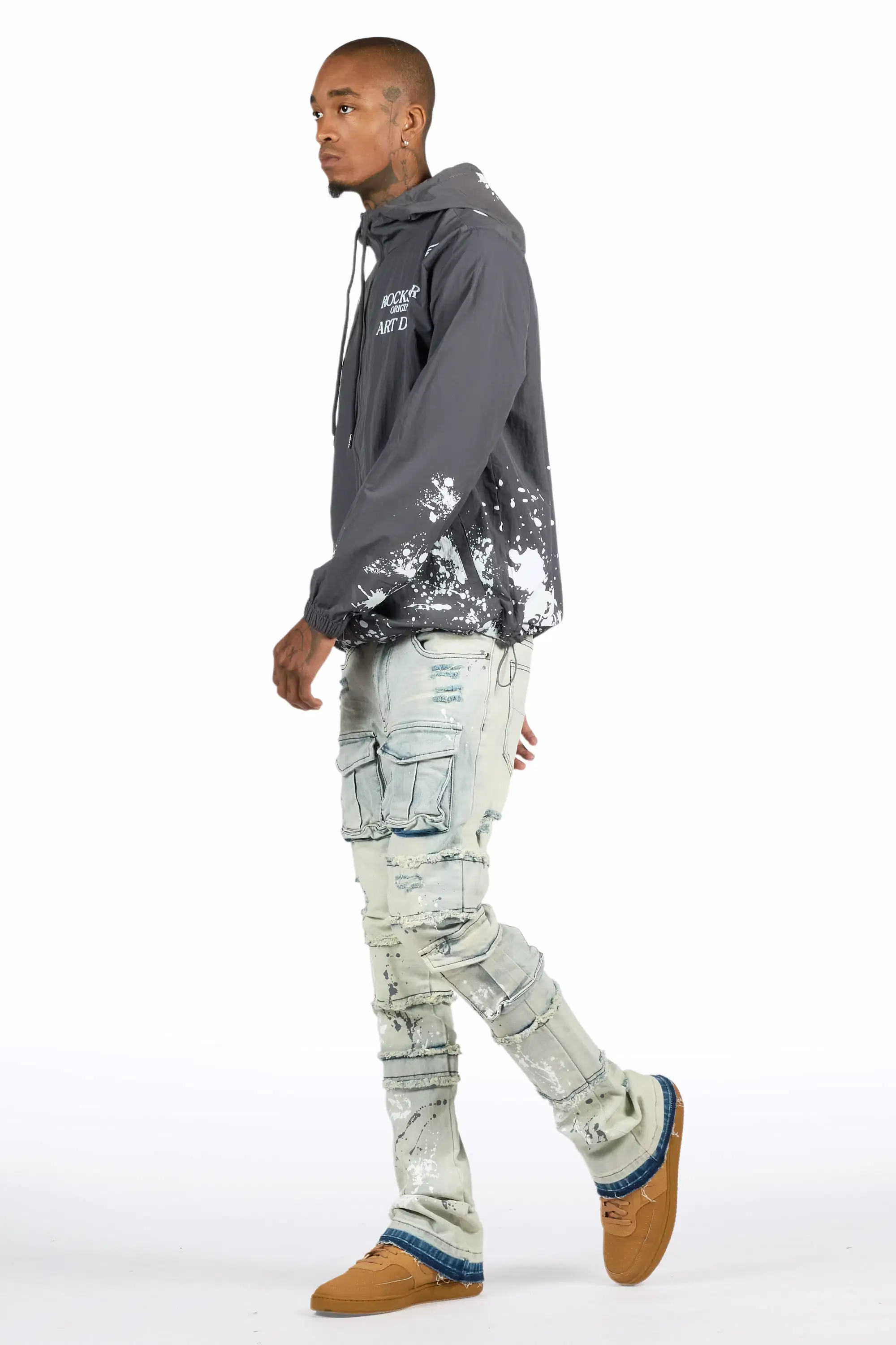 Raffer Grey/Blue Windbreaker/Stacked Cargo Flare Jean - Image 5