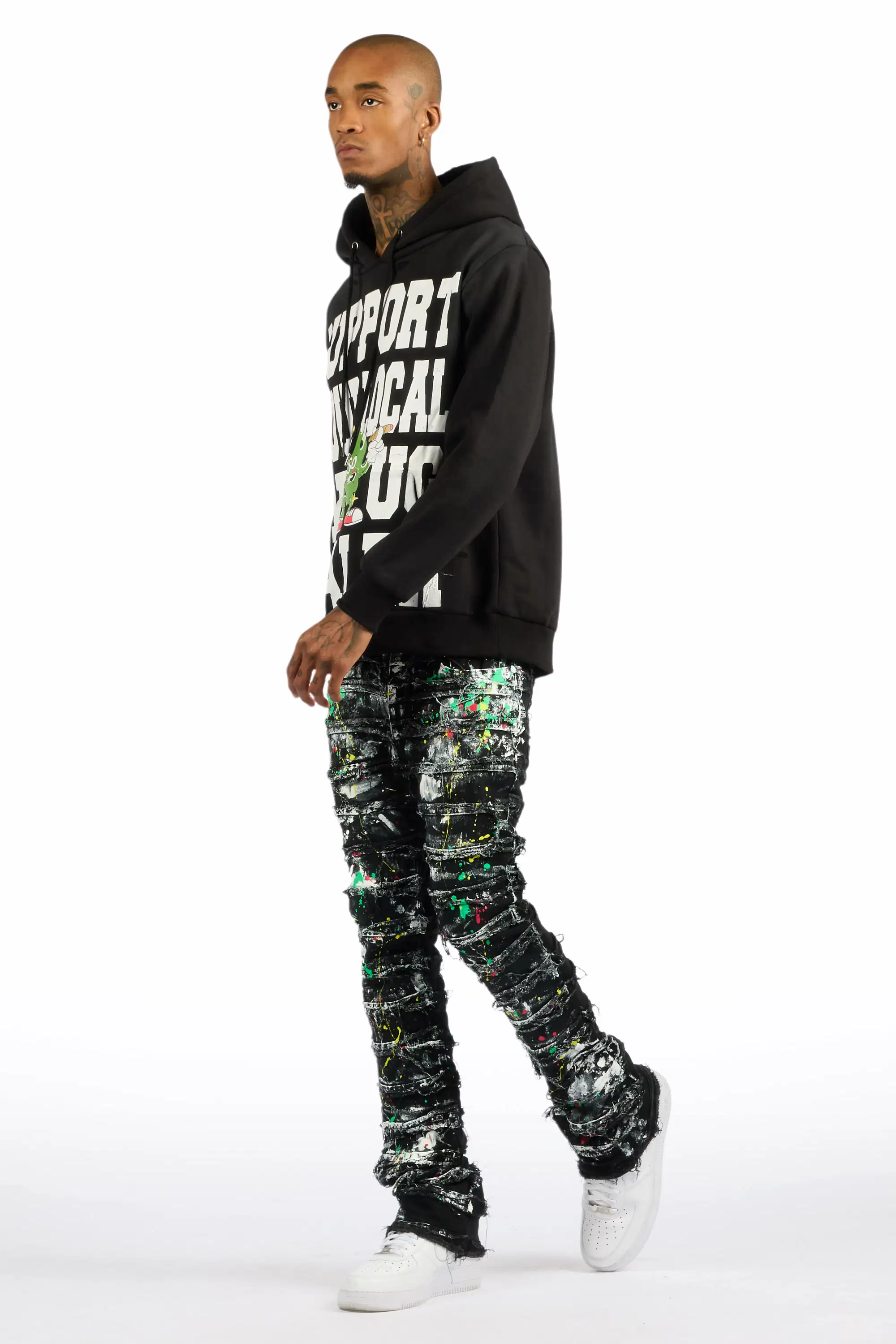 Tarl Black/Black Hoodie/Stacked Flare Jean Set - Image 5