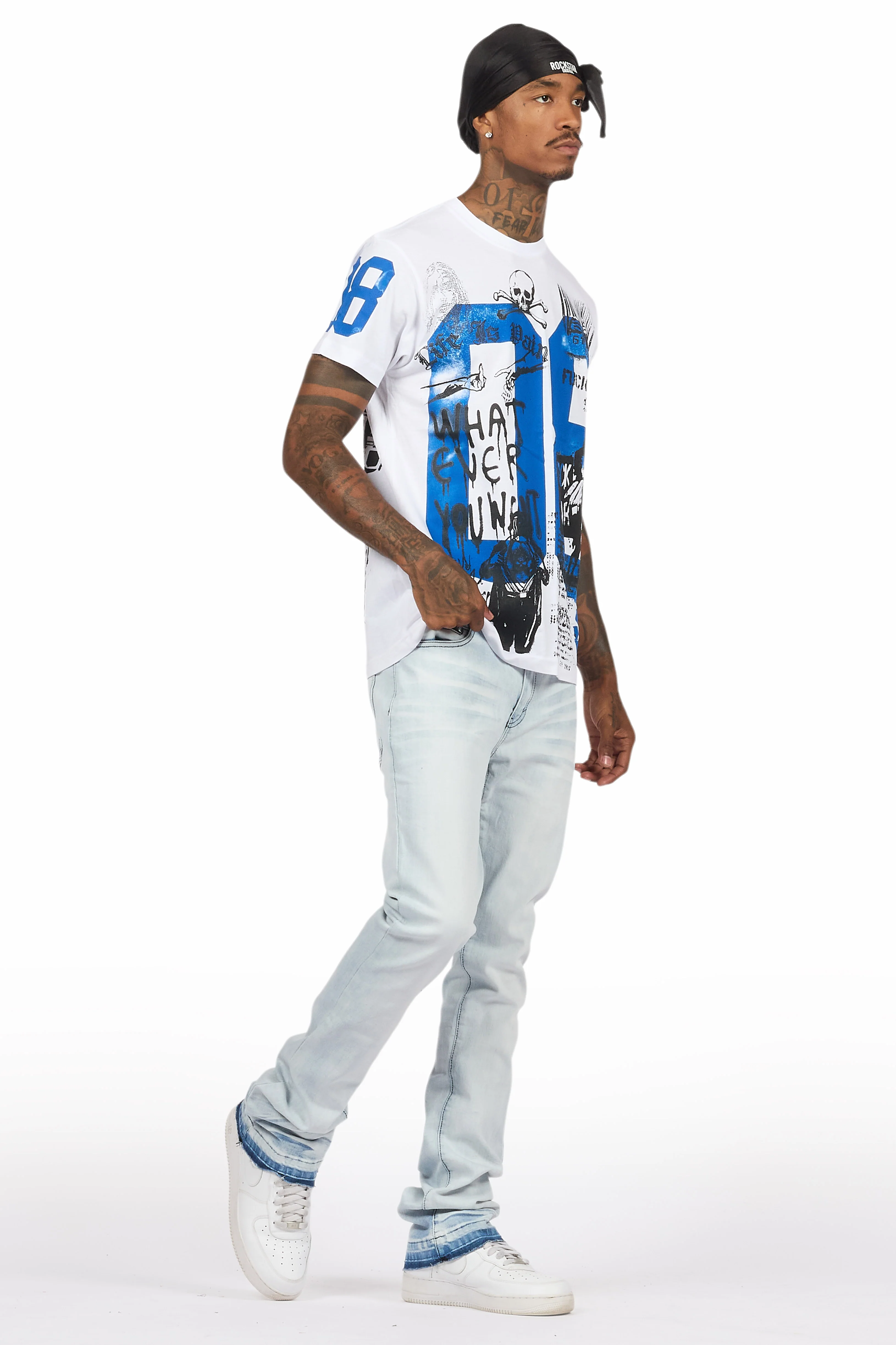 Grill White/Blue Oversized Graphic T-Shirt/Dag Stacked Flare Jean Set - Image 6