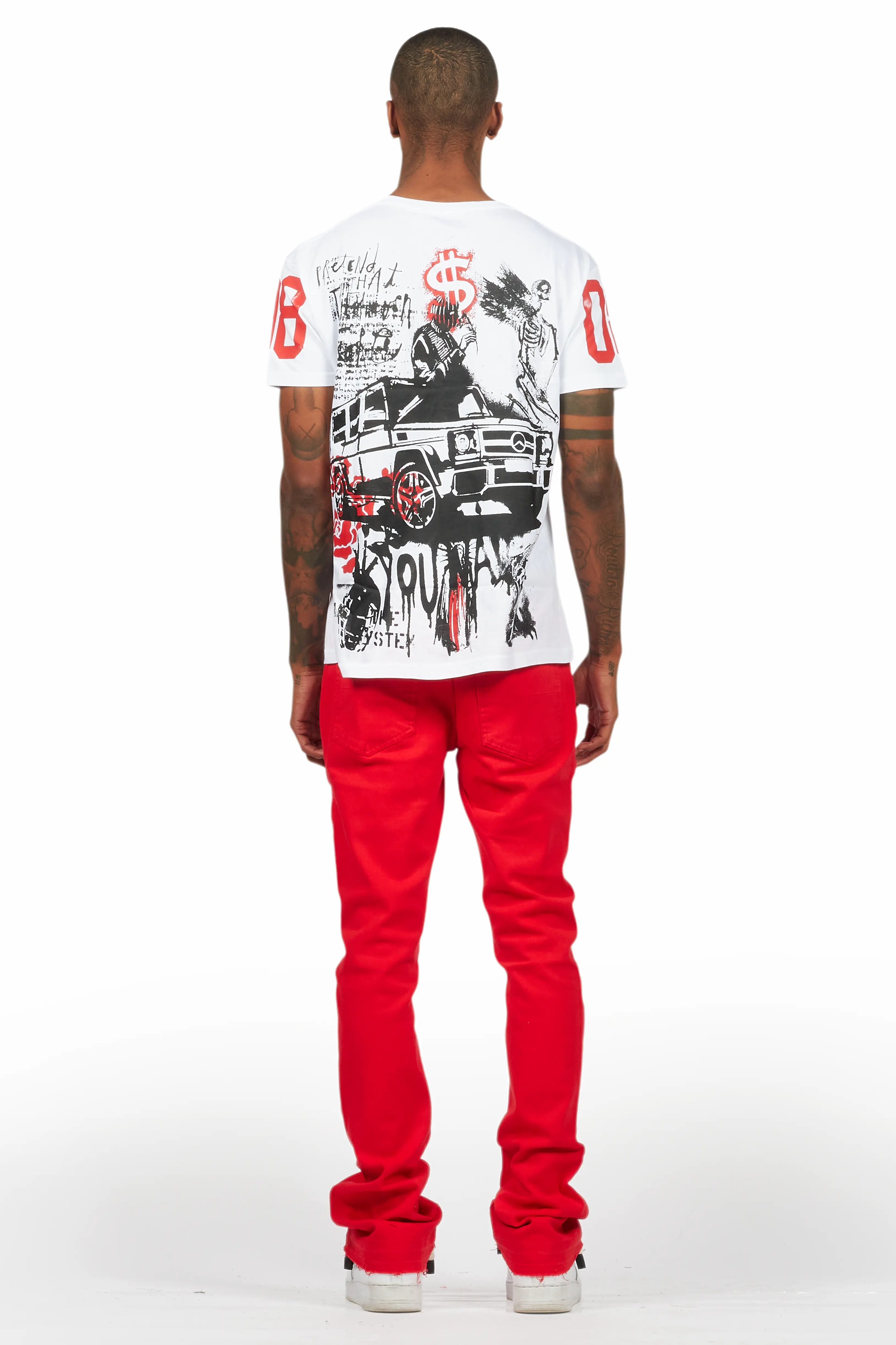 Grill White/Red Oversized Graphic T-Shirt/Dag Stacked Flare Jean Set - Image 4