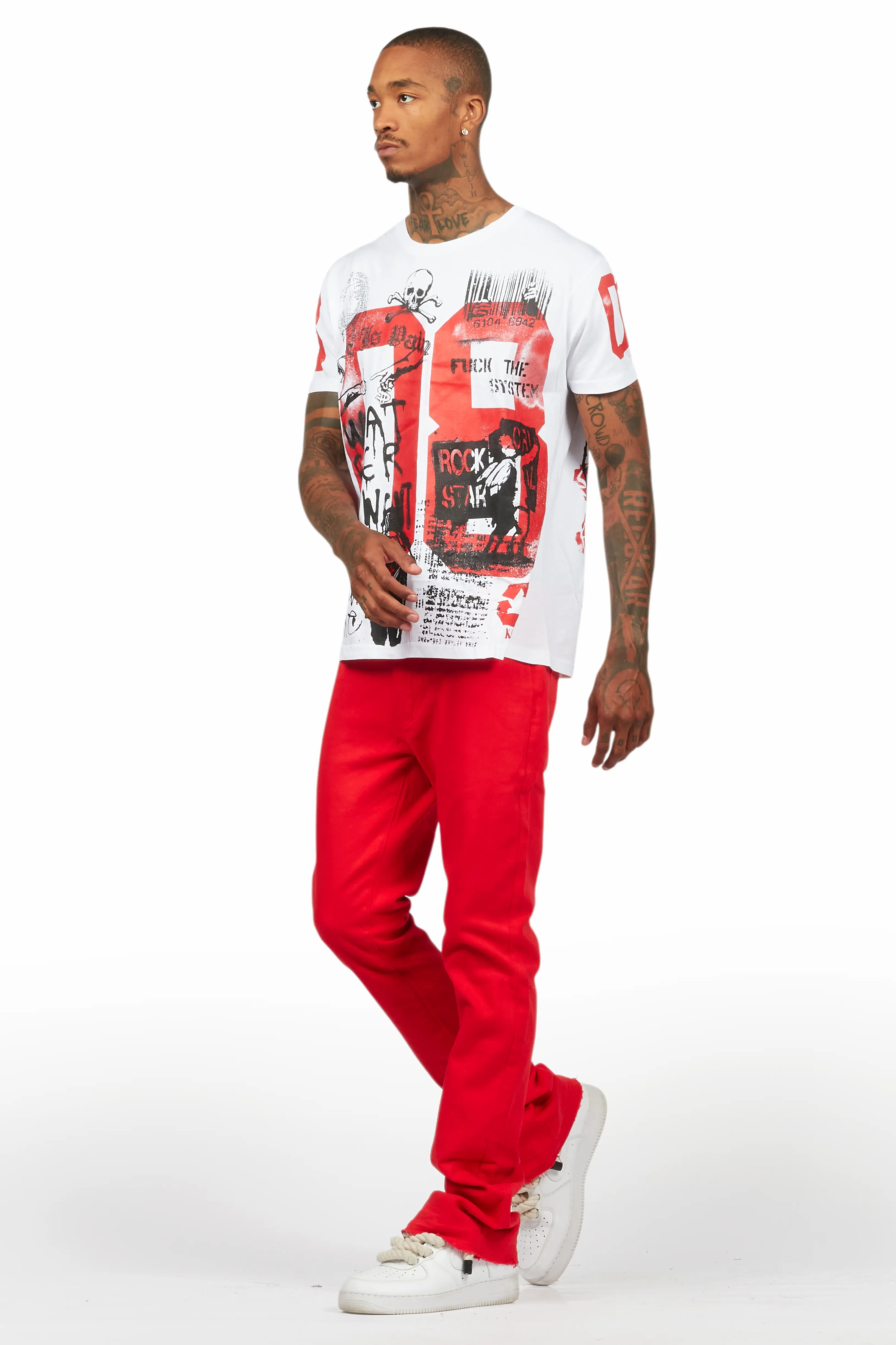 Grill White/Red Oversized Graphic T-Shirt/Dag Stacked Flare Jean Set - Image 5