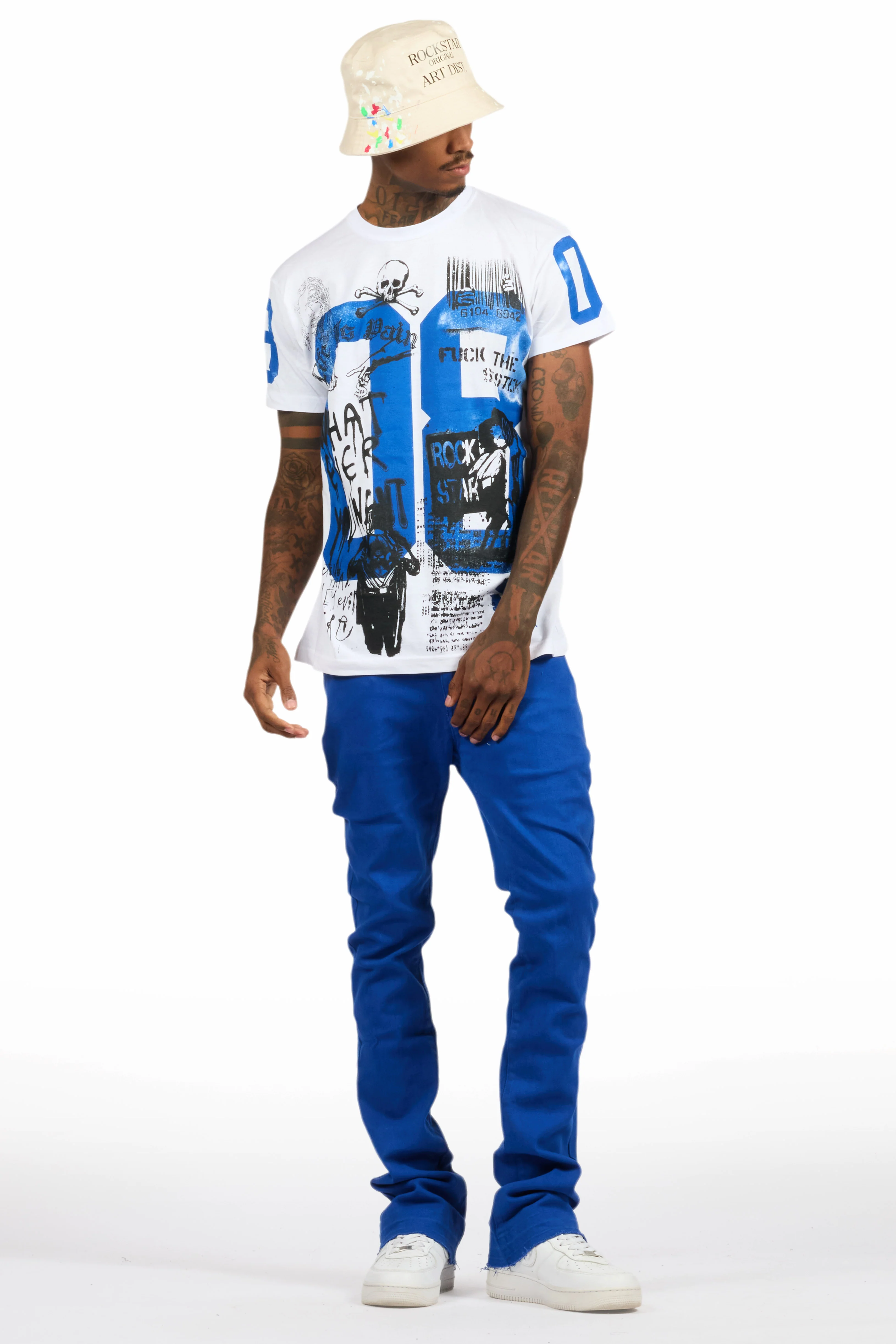 Grill White/Royal Blue Oversized Graphic T-Shirt/Dag Stacked Flare Jean Set - Image 2