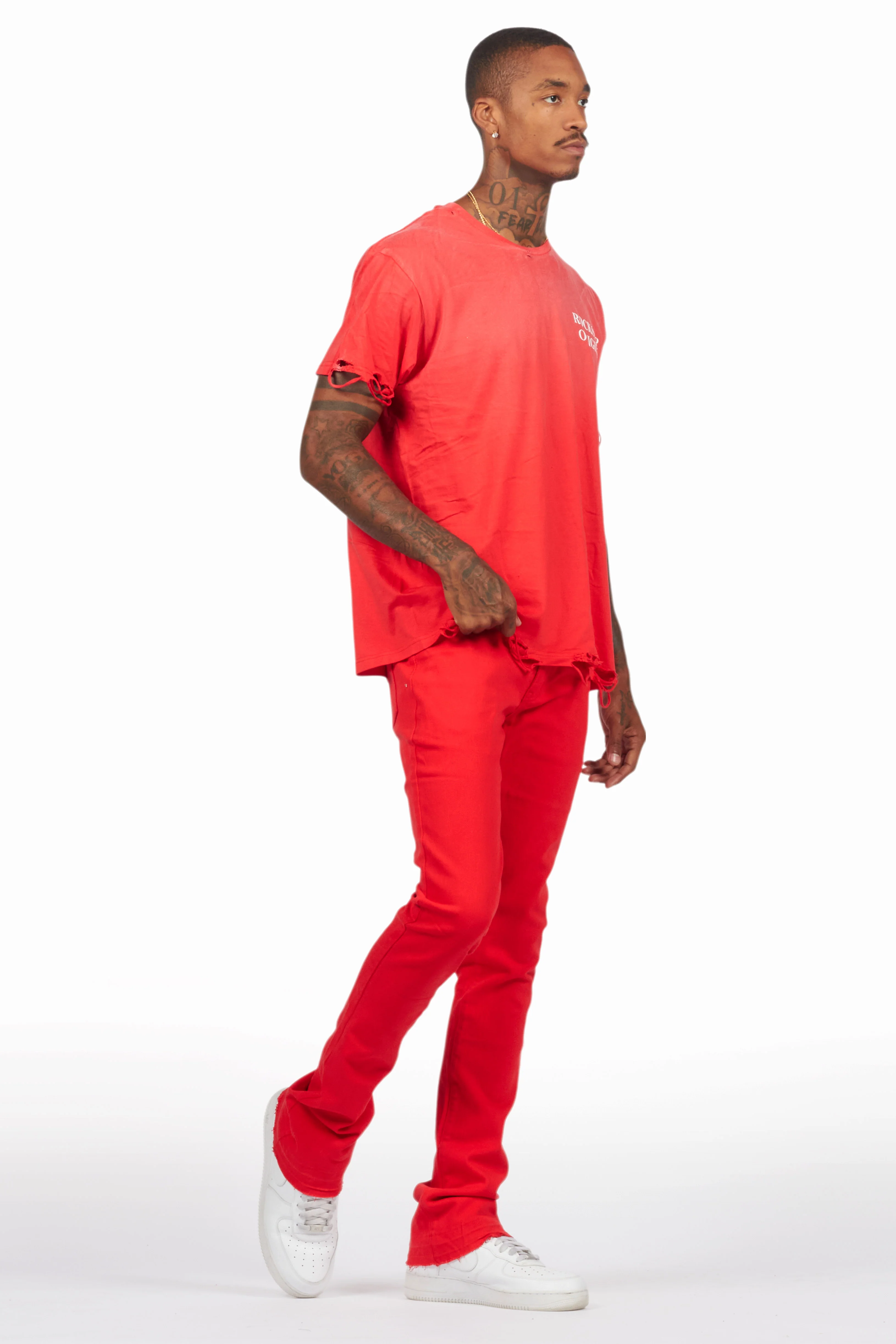 Drako Red/White Oversized Graphic T-Shirt/Dag Stacked Flare Jean Set - Image 6