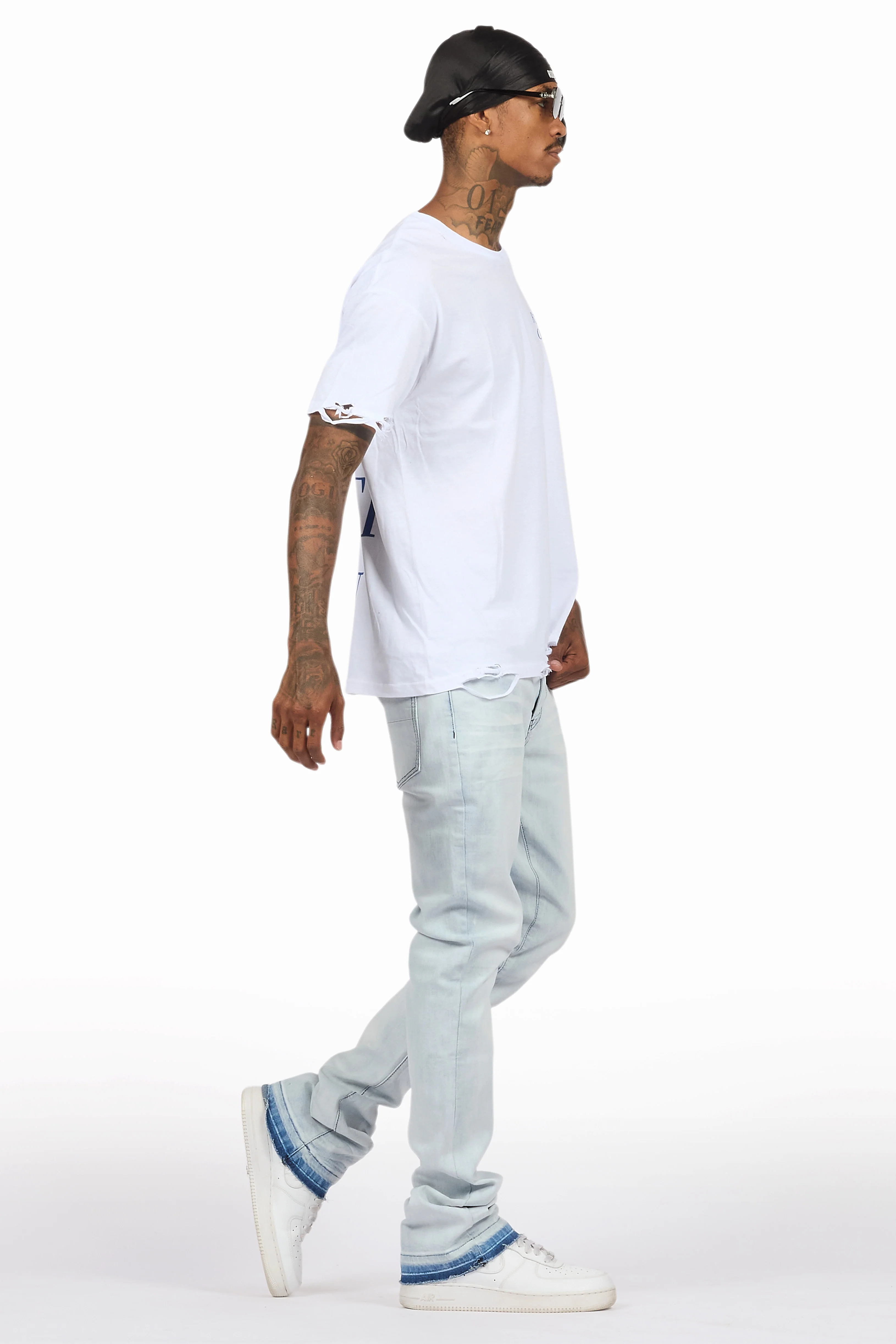 Drako White/Blue Oversized Graphic T-Shirt/Dag Stacked Flare Jean Set - Image 3